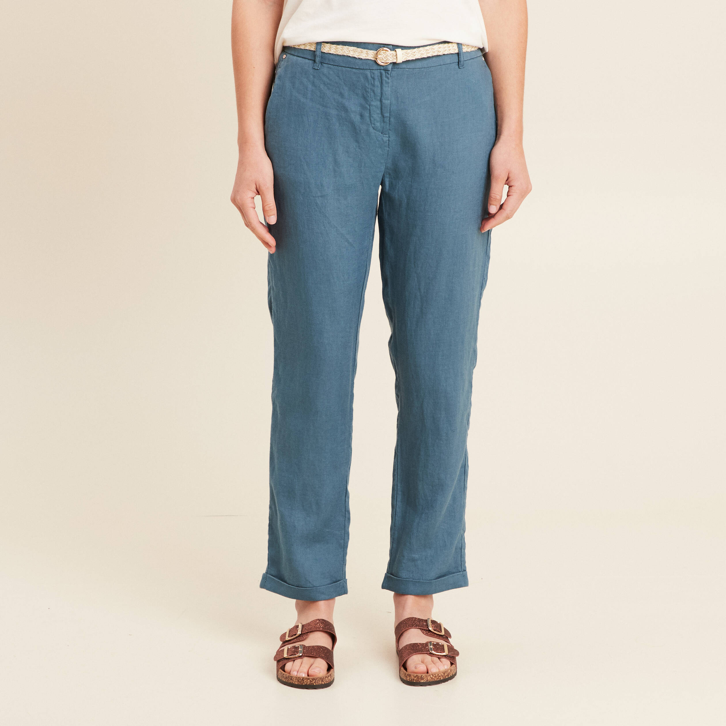Pantalon flou ceinturé bleu pétrole femme