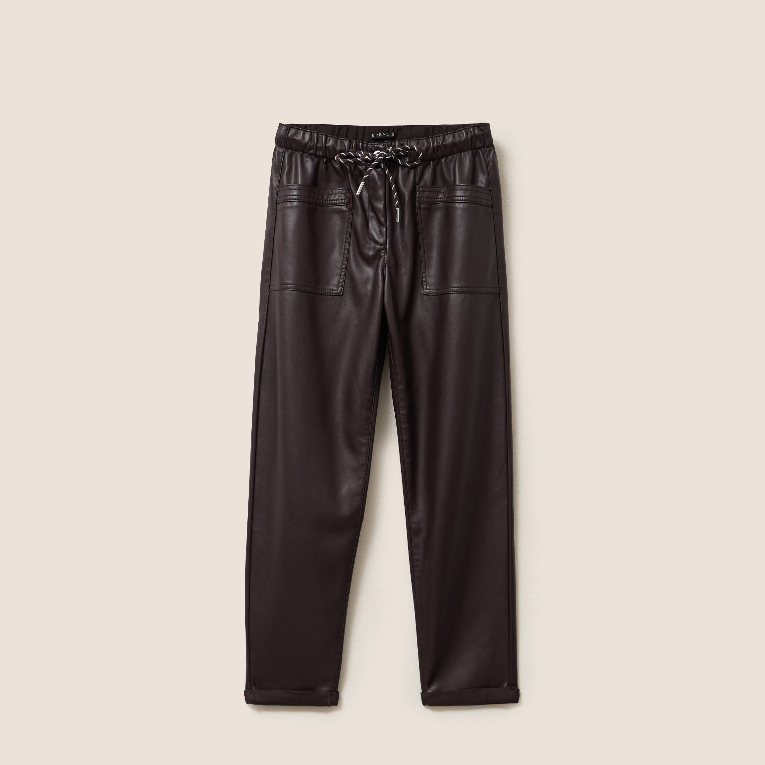 Pantalon coupe mom simili cuir marron fonc&eacute; femme