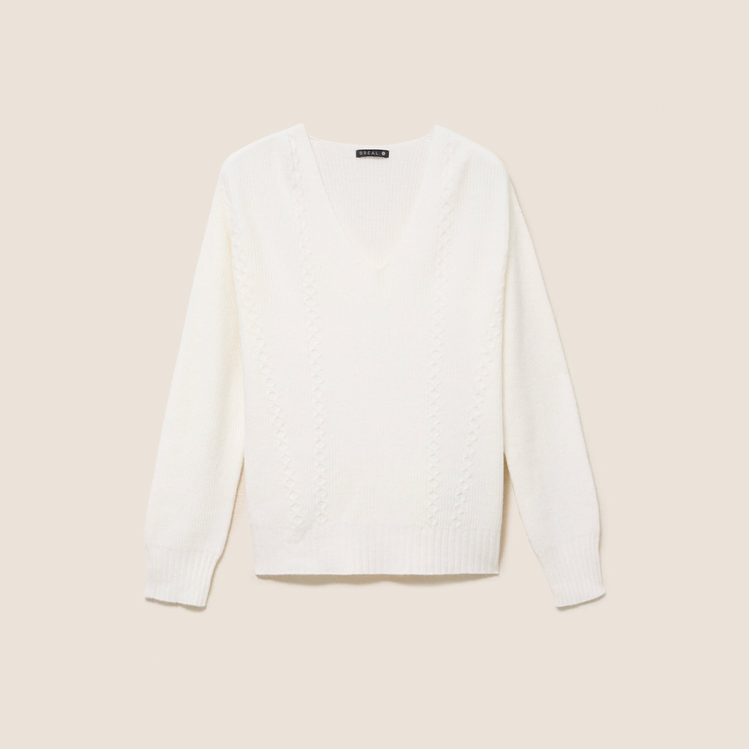 Pull col v manches longues ecru femme