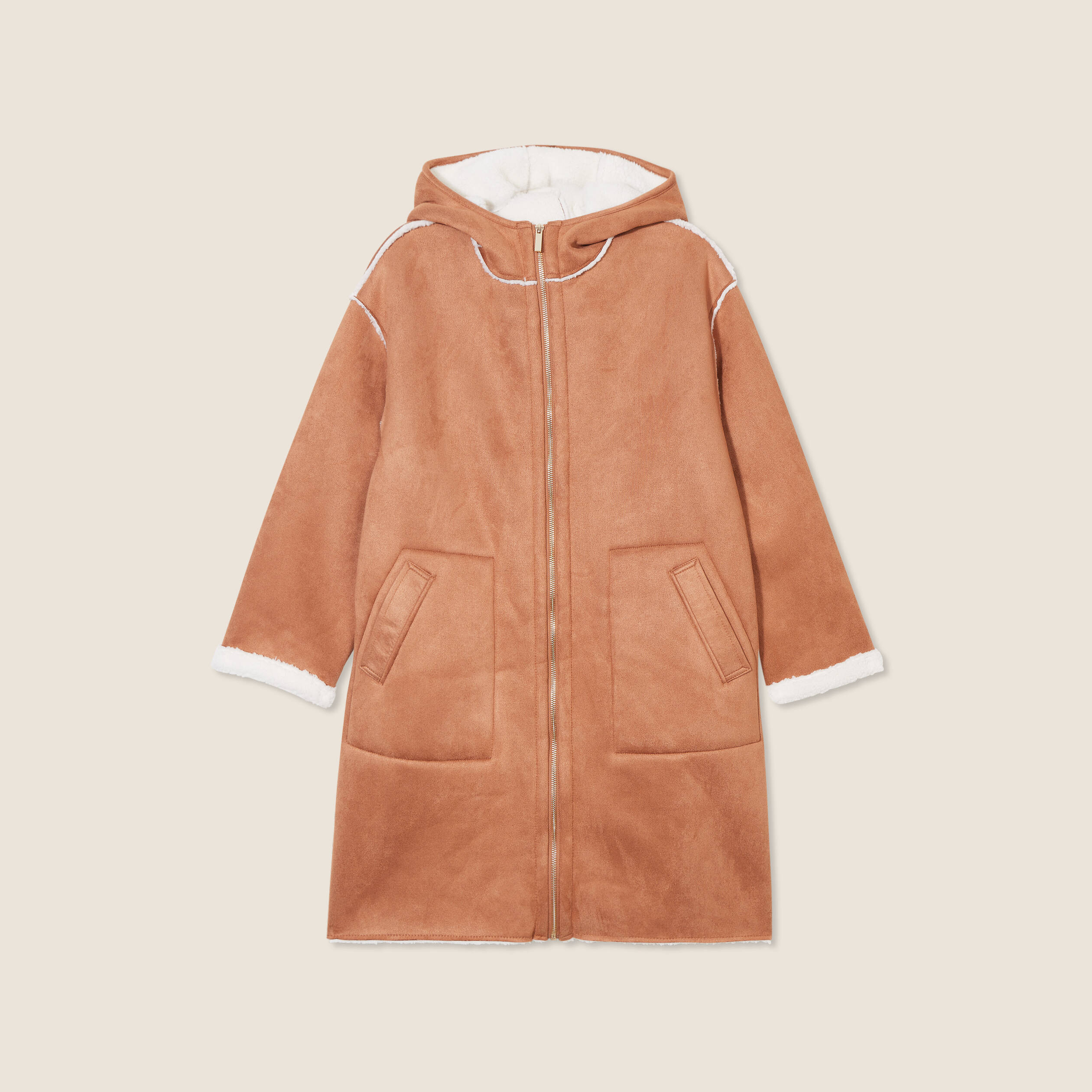 Manteau su&eacute;dine &agrave; capuche marron femme