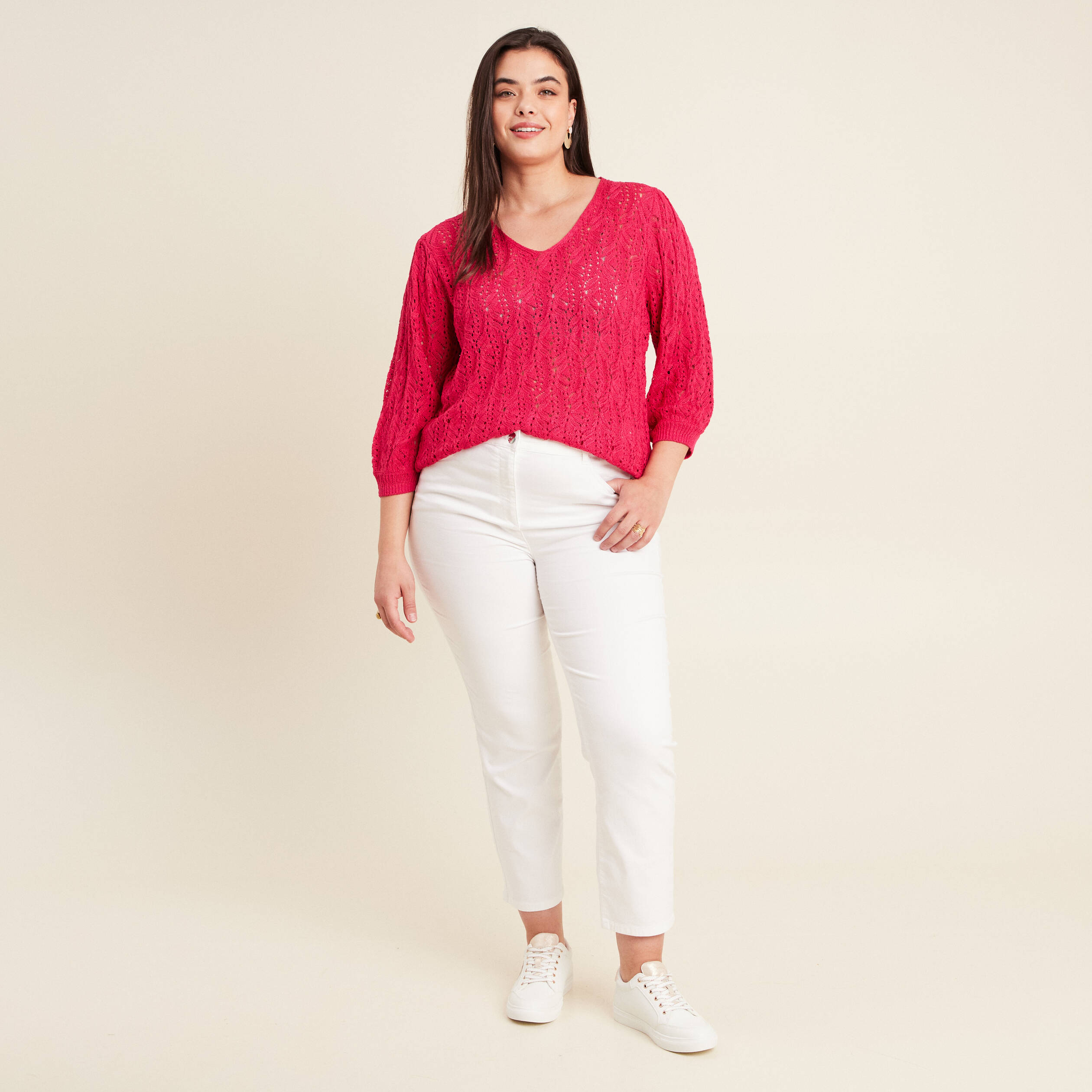 Pull manches 3/4 ajouré rose fushia femme