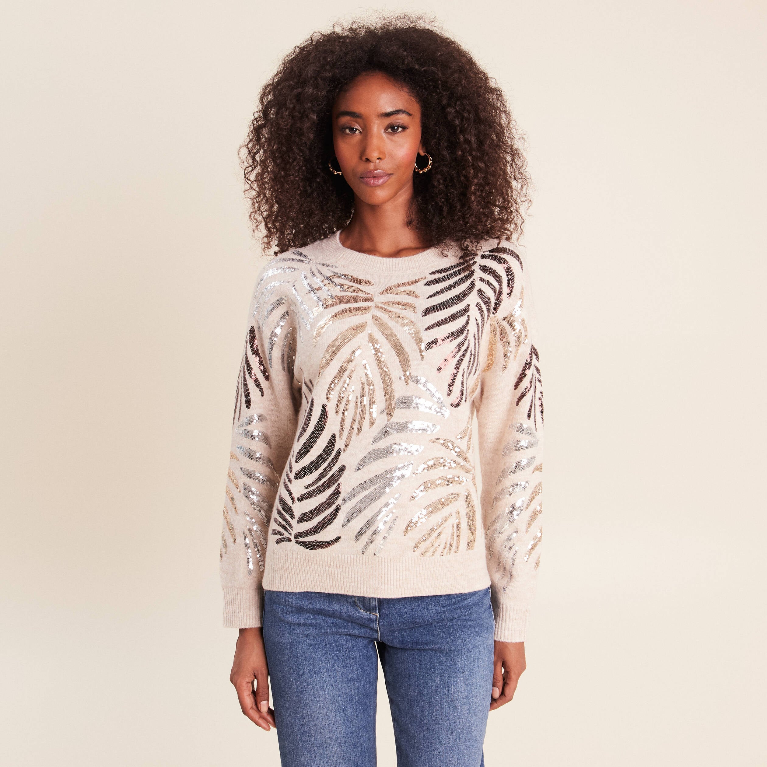 Pull col rond &agrave; sequins couleur or femme