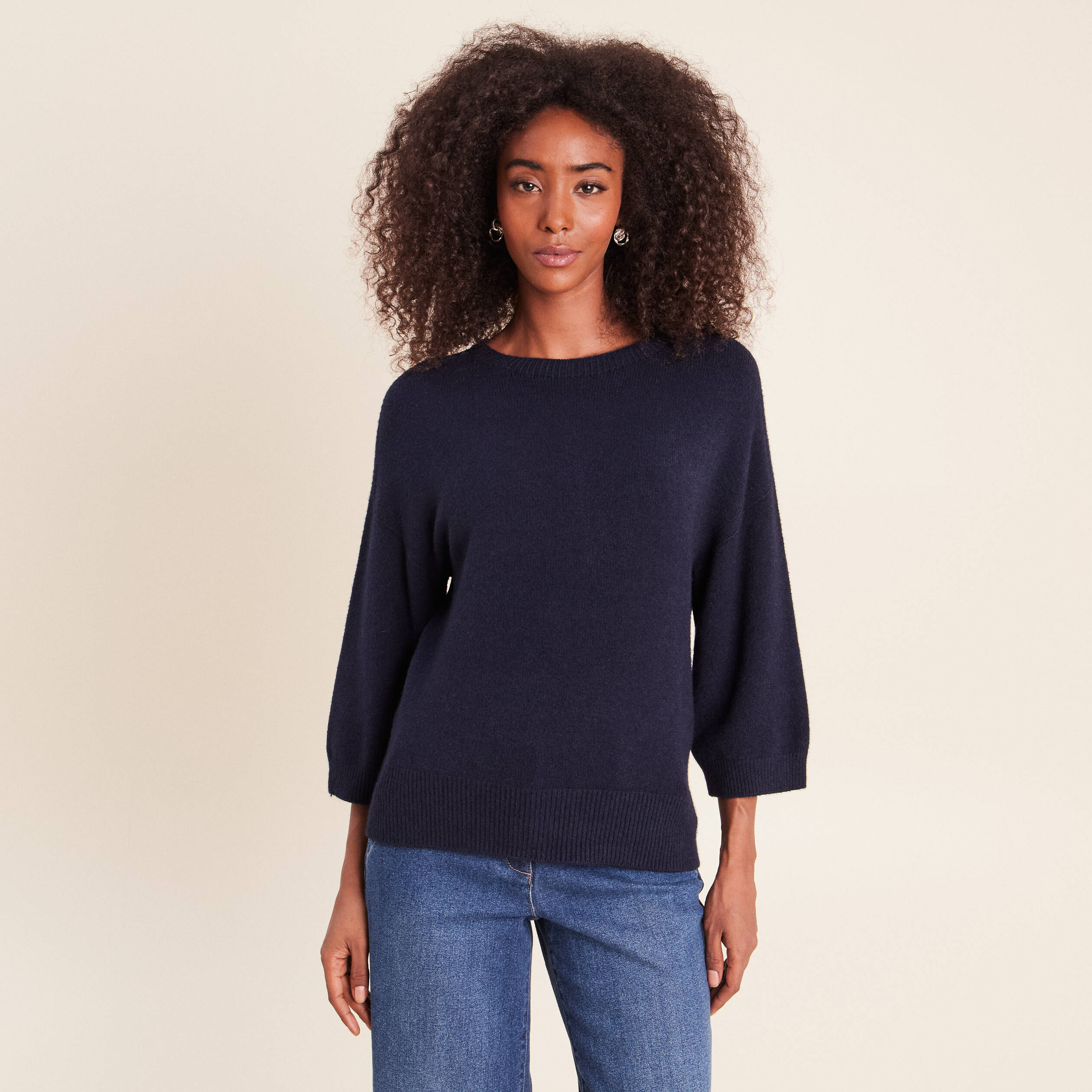 Pull droit col rond manches 3/4 bleu marine femme