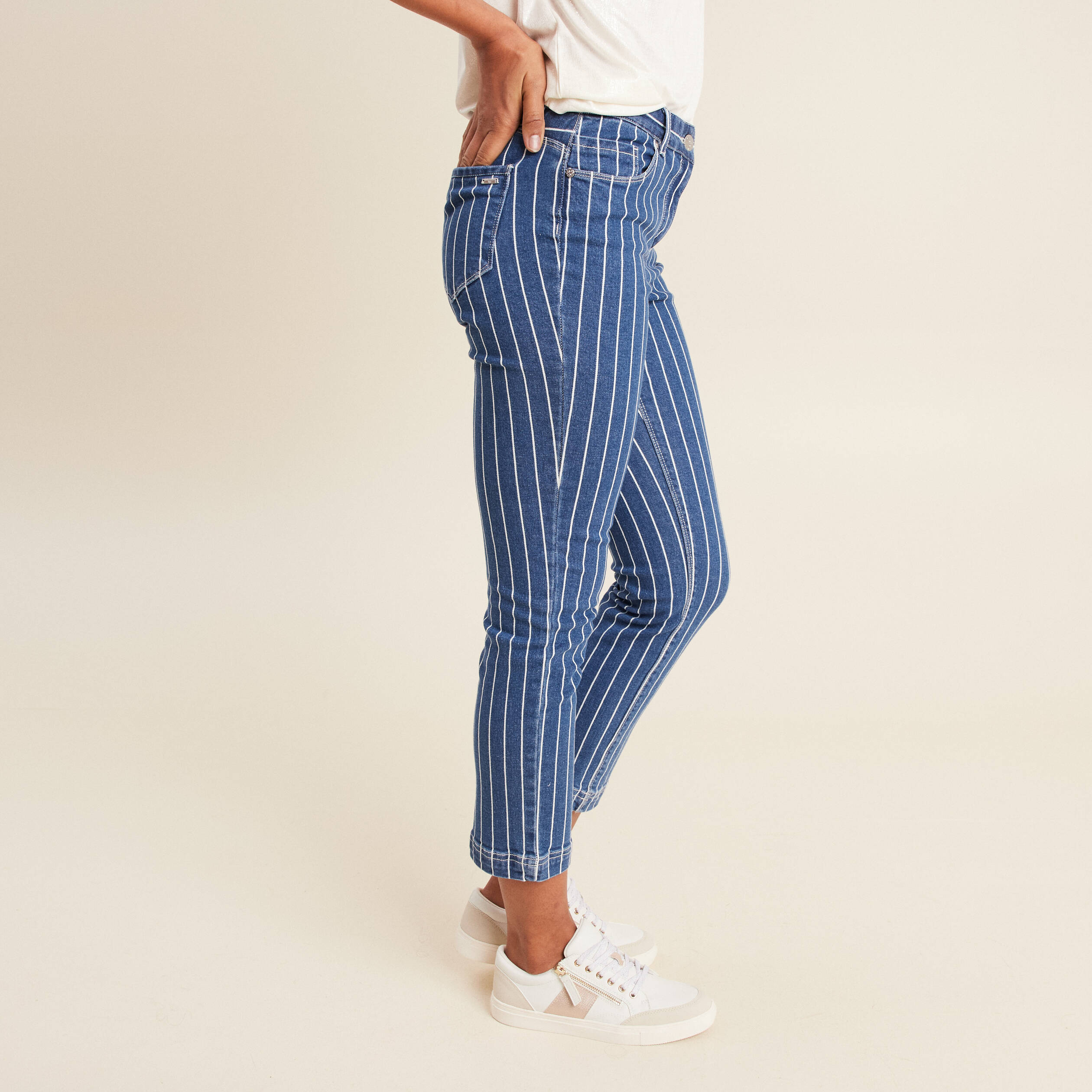 Jean droit taille basculée denim stone femme