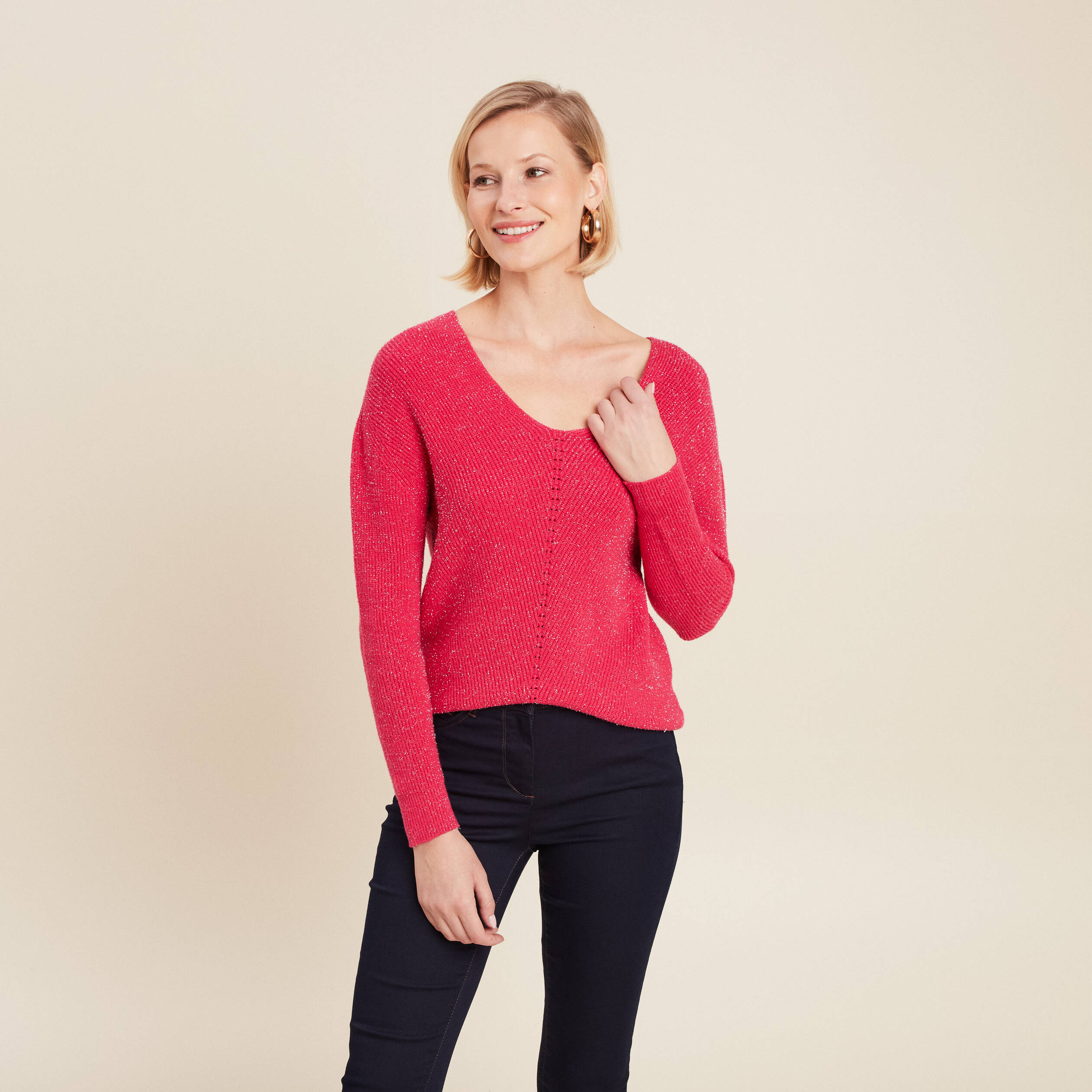 Pull manches longues rose framboise femme