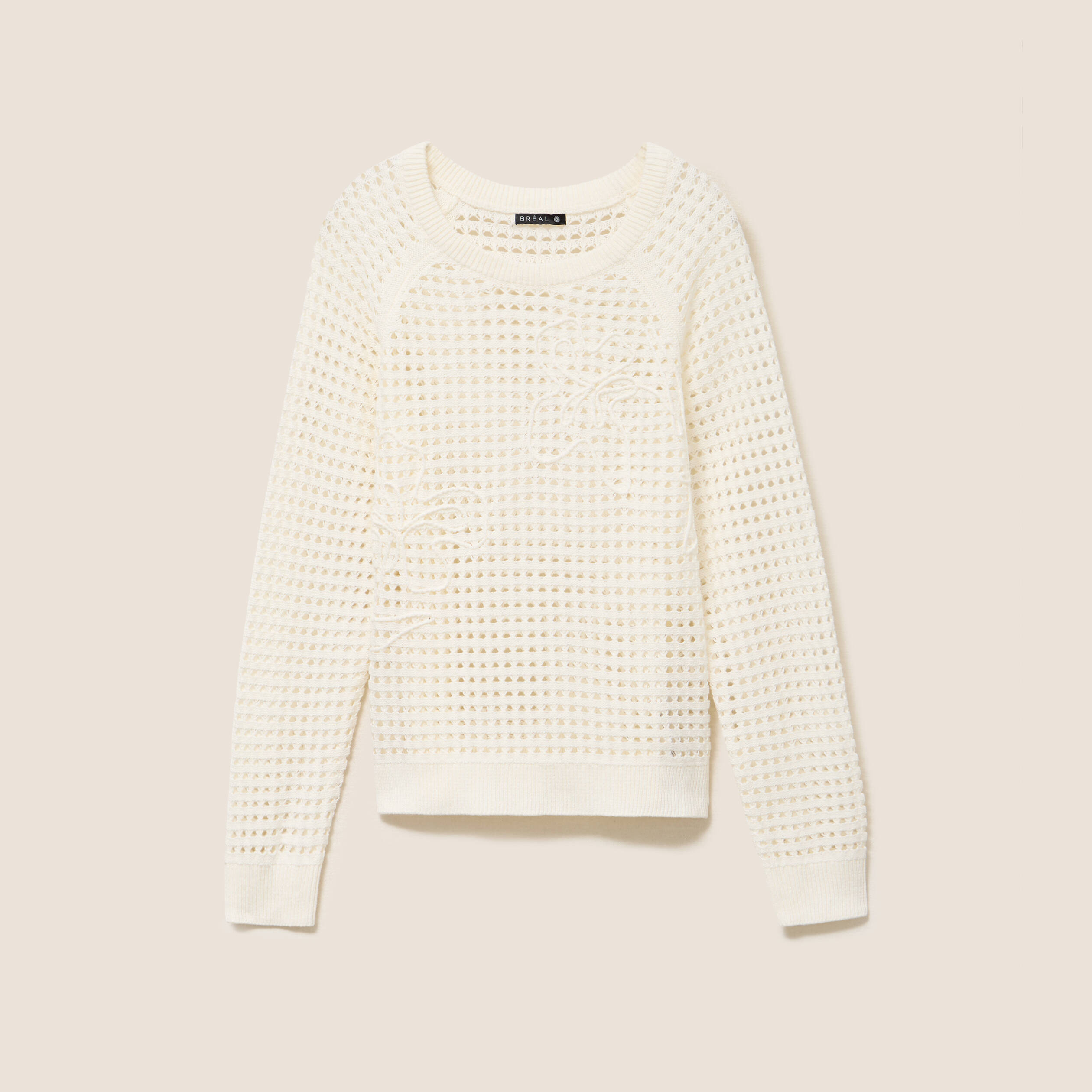 Pull col rond manches longues dentelle ecru femme