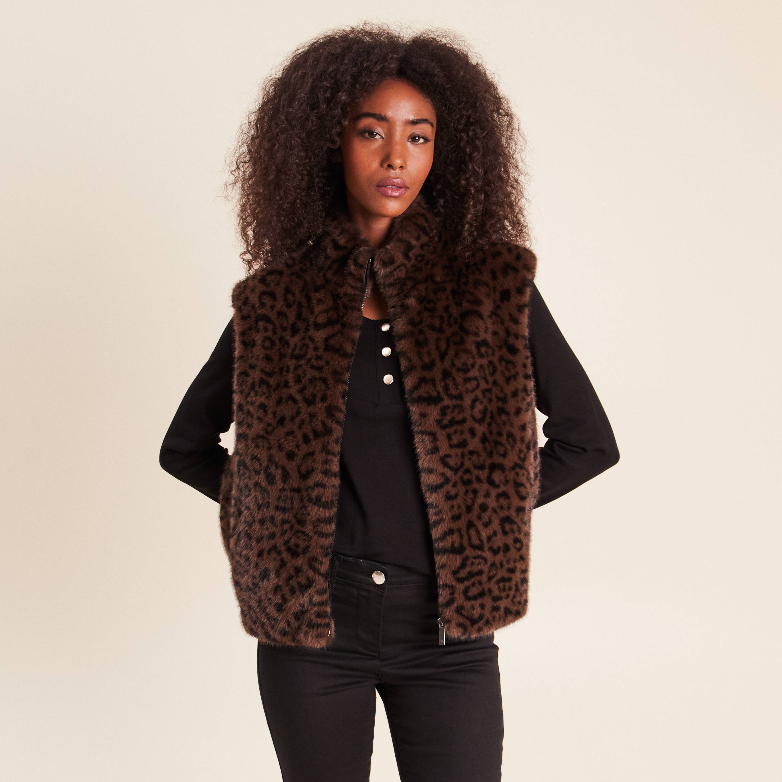 Veste col montant doubl&eacute;e marron femme
