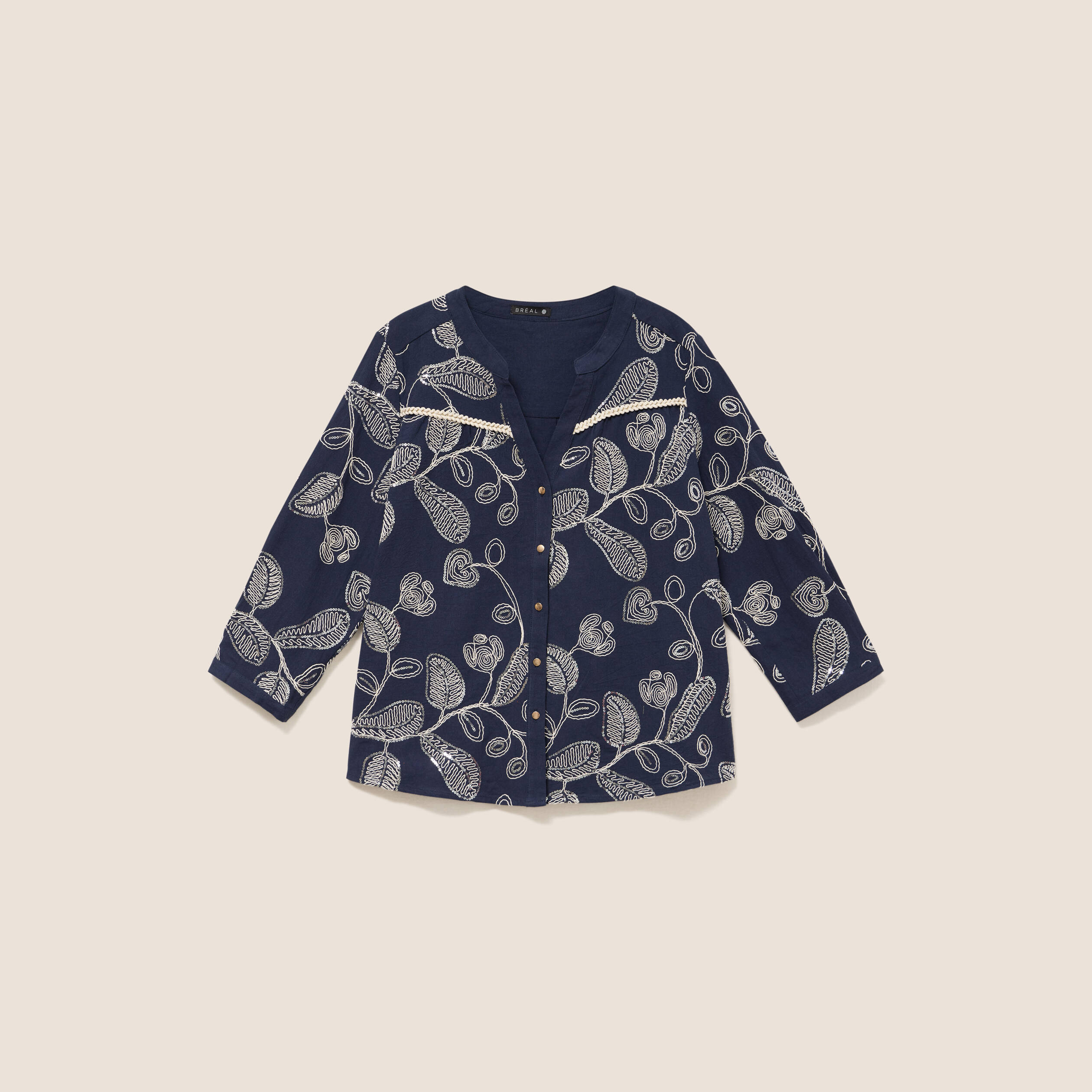 Blouse col tunisien manches 3/4 bleu femme