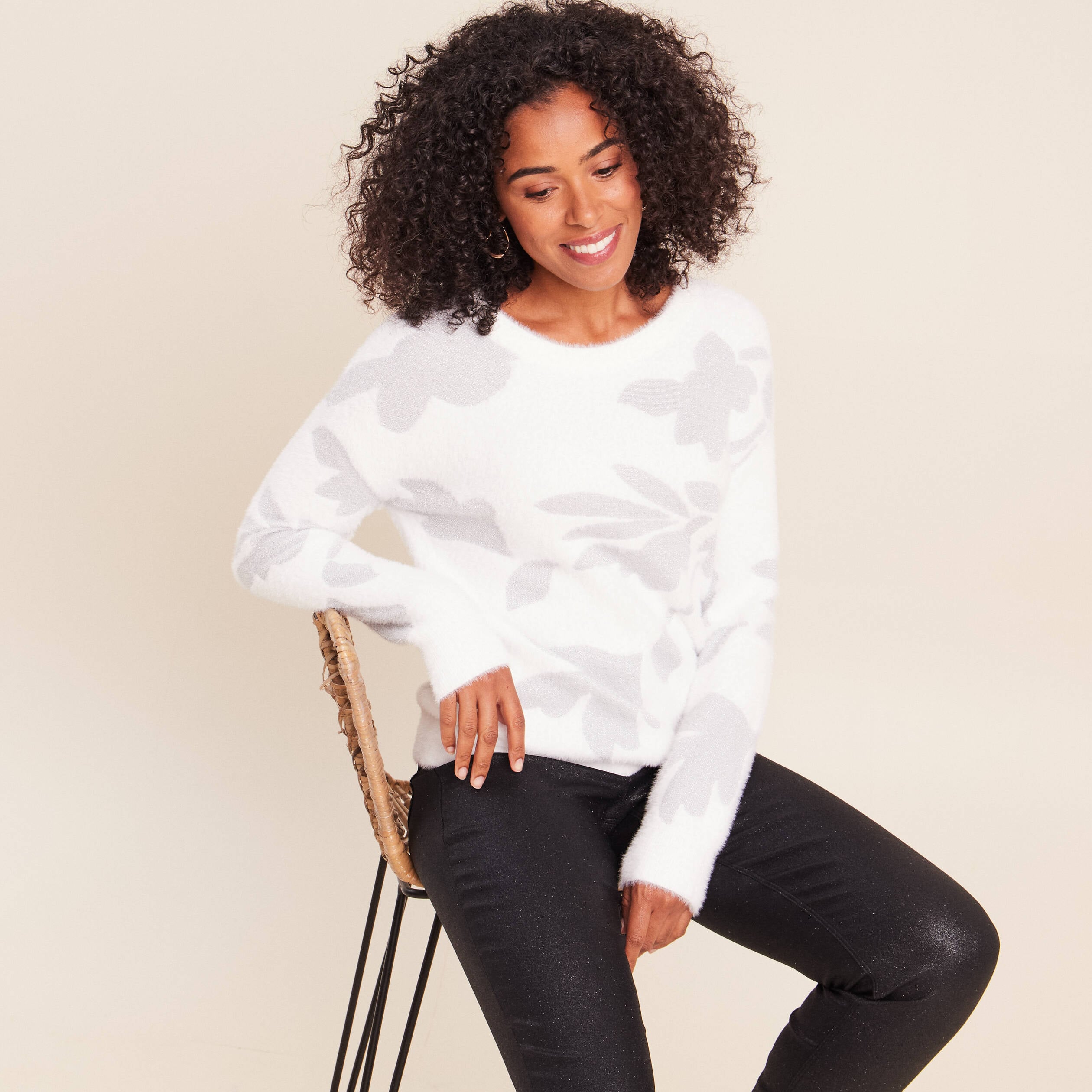 Pull col rond manches longues couleur argent femme