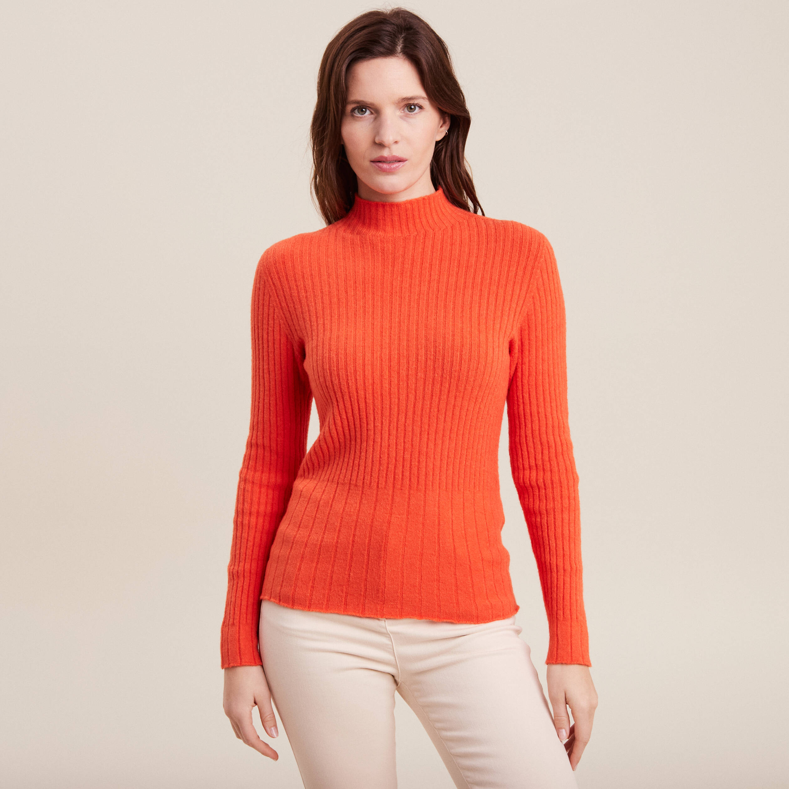 Pull manches longues côtelé orange femme