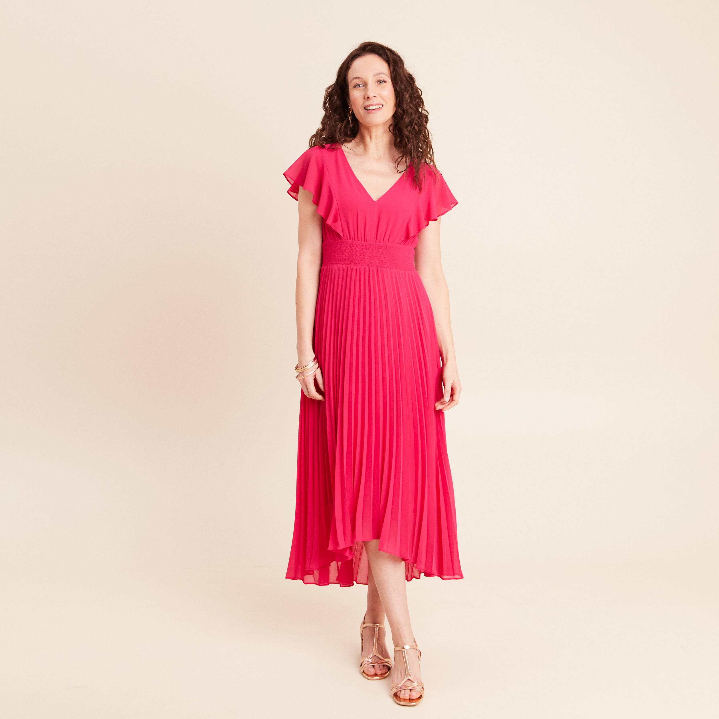 Robe longue &eacute;vas&eacute;e &agrave; volants rose fushia femme