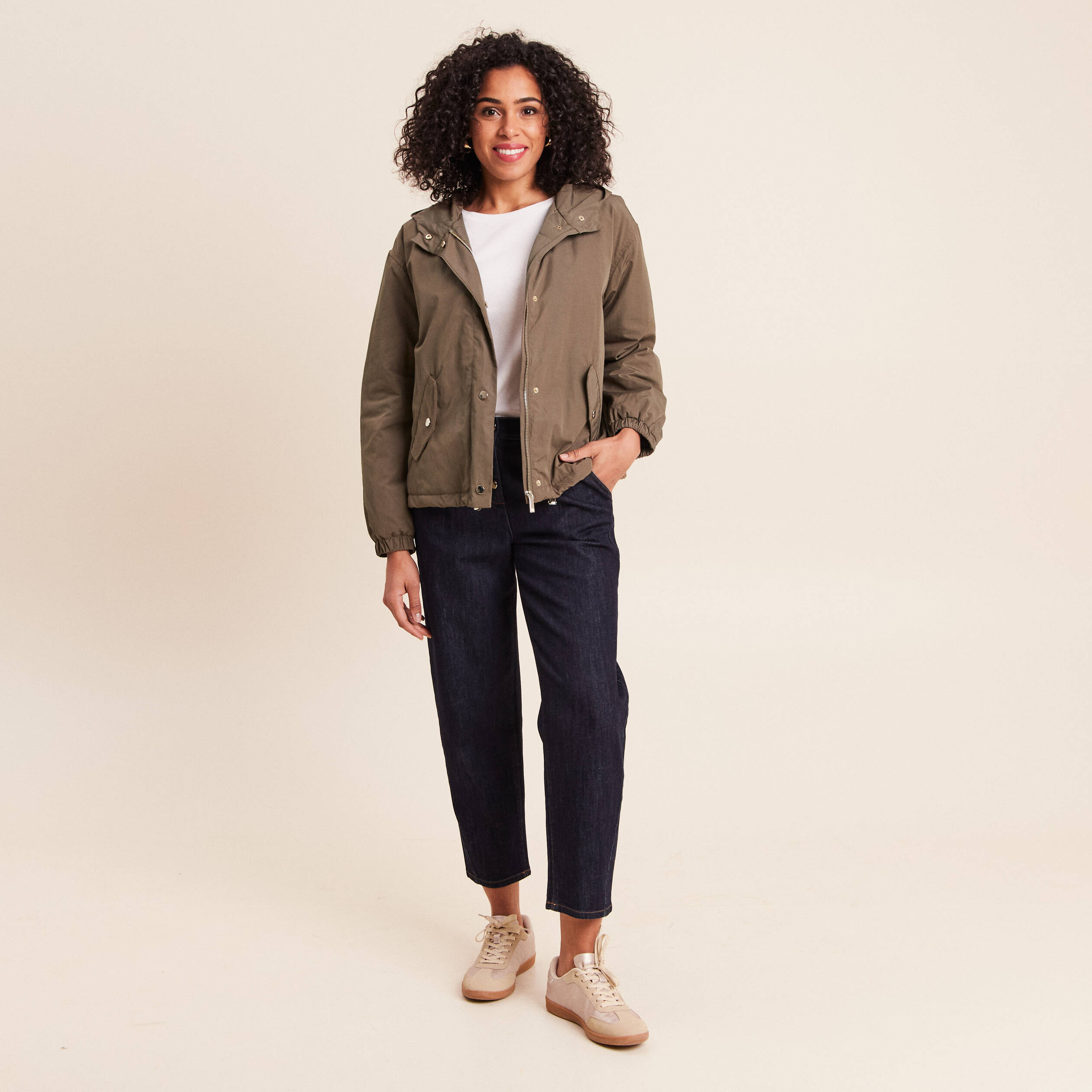 Parka &agrave; capuche doubl&eacute;e manches longues vert kaki femme