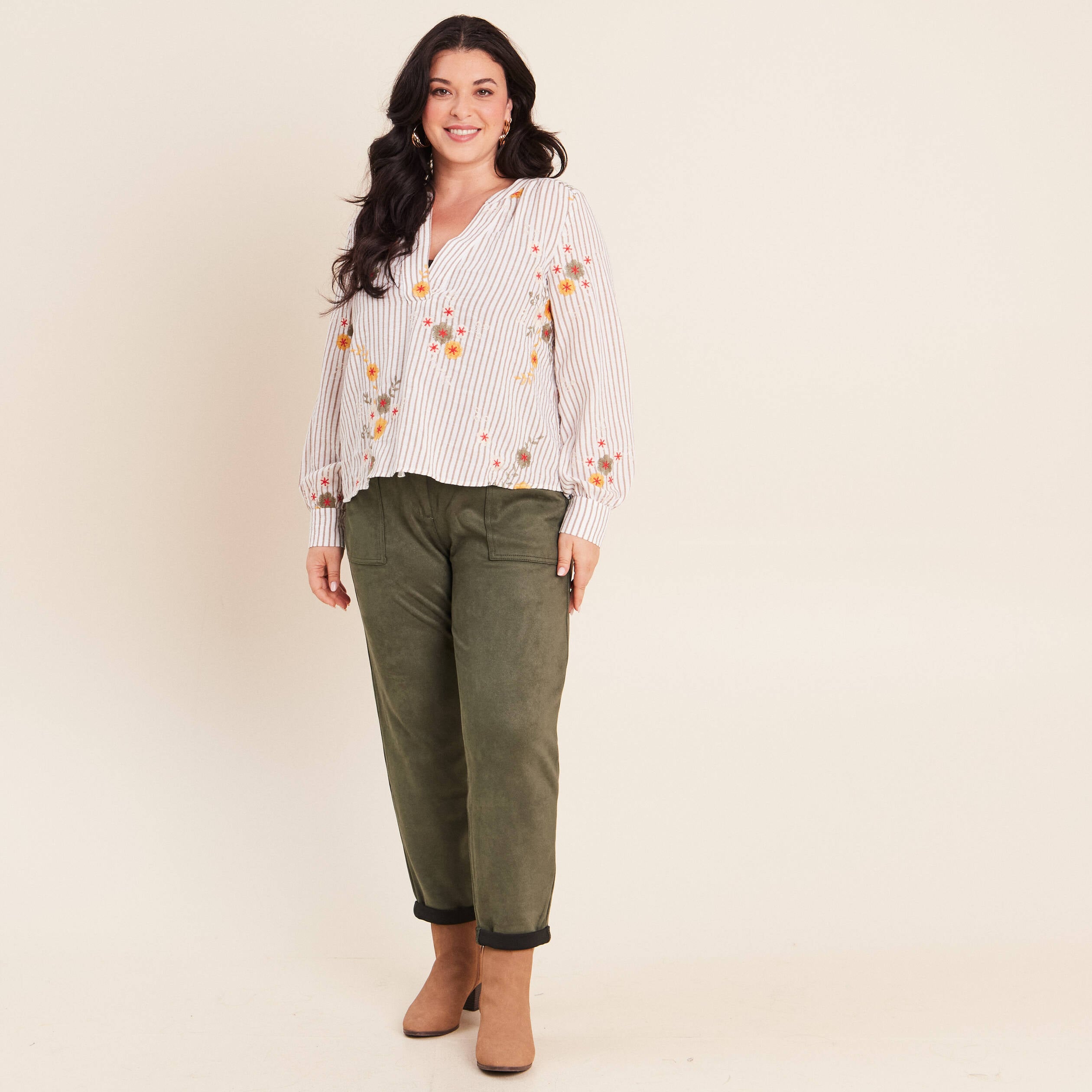 Blouse col v manches longues vert femme