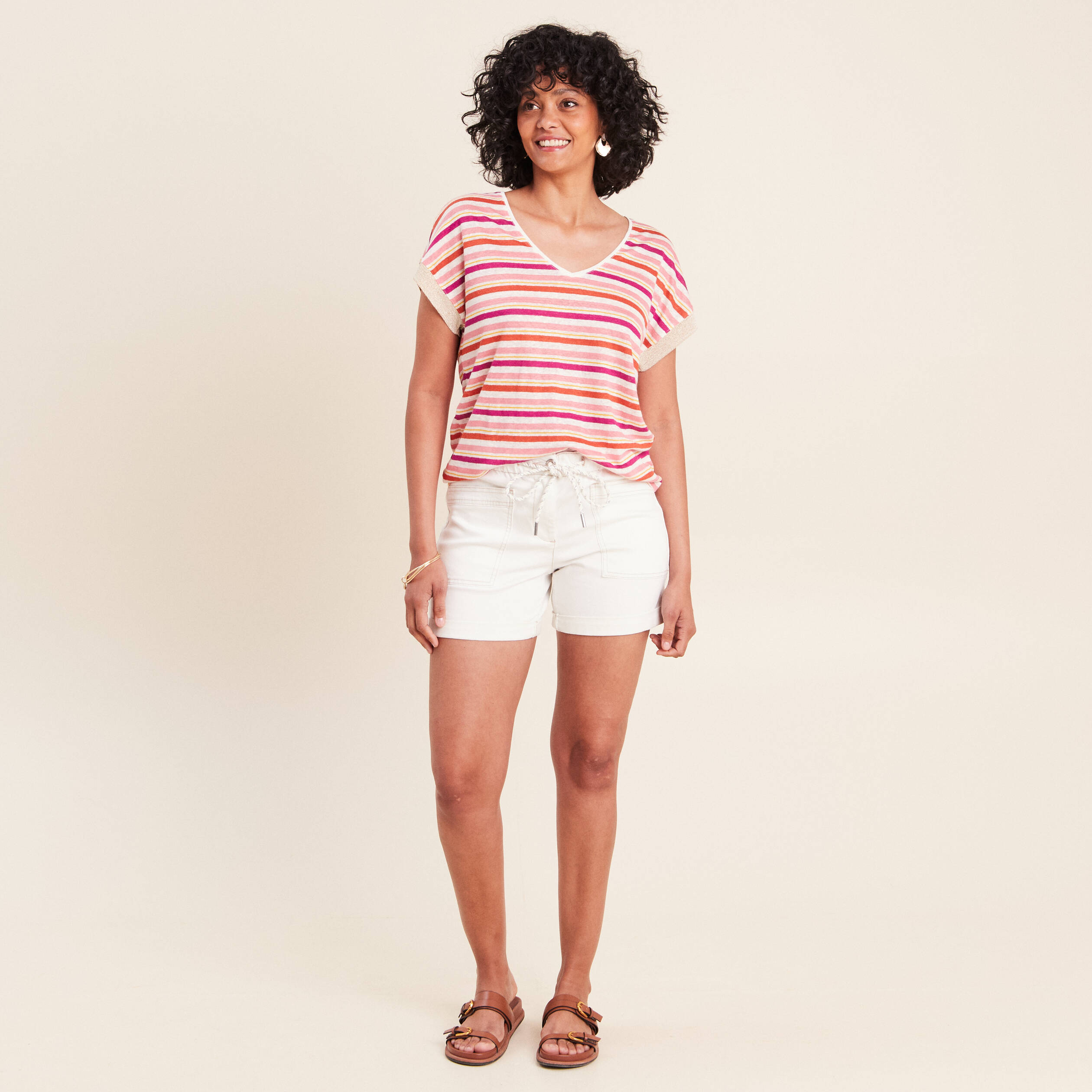 T-shirt droit col v manches courtes orange femme