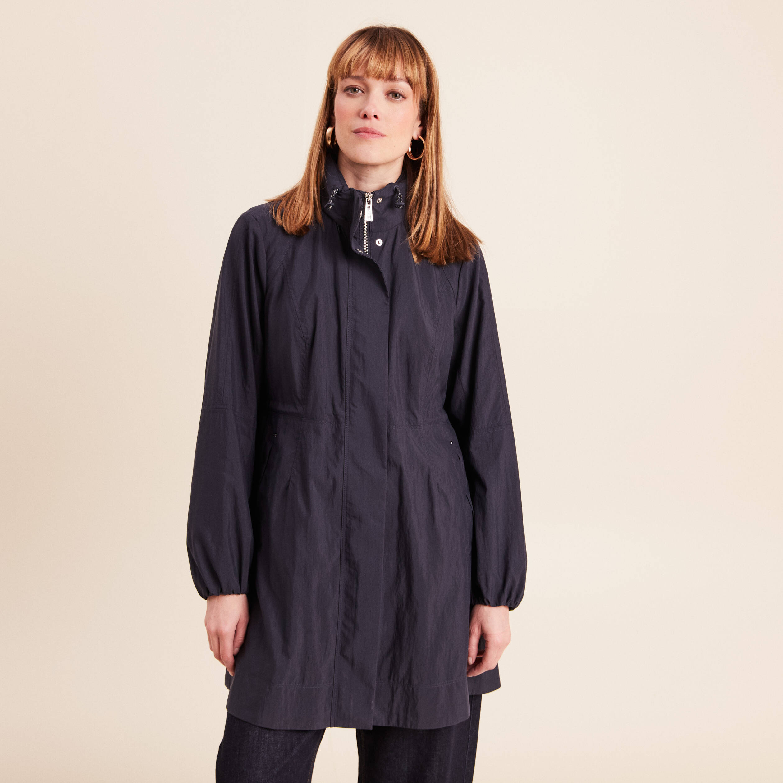 Parka cintr&eacute;e longue doubl&eacute;e bleu fonc&eacute; femme