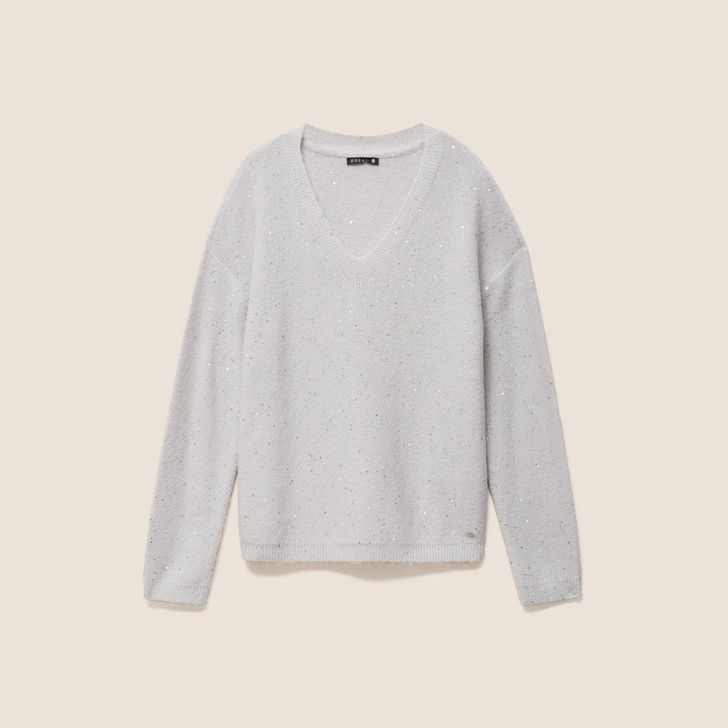 Pull col v manches longues &agrave; sequins gris clair femme