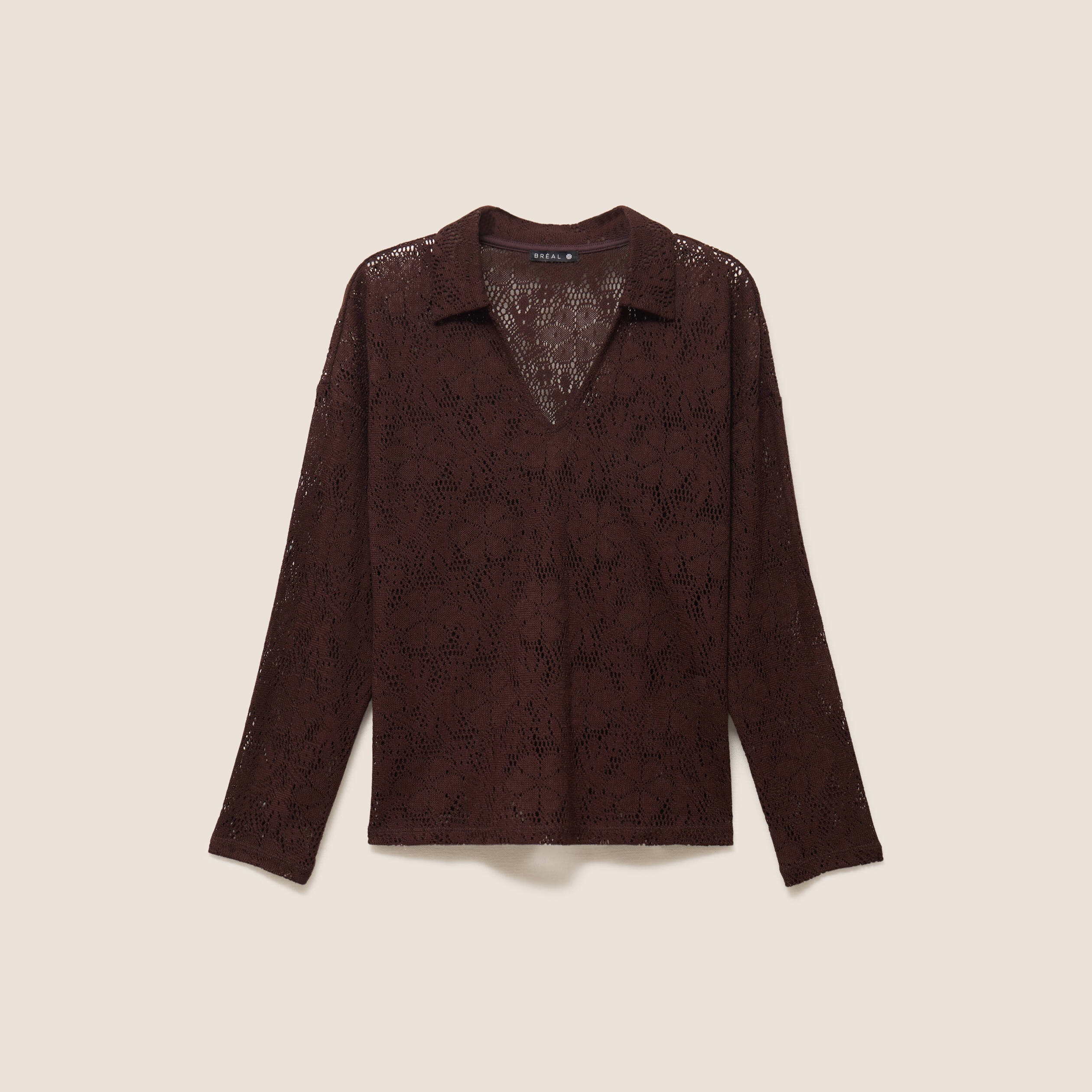 Polo manches 3/4 aspect dentelle marron fonc&eacute; femme