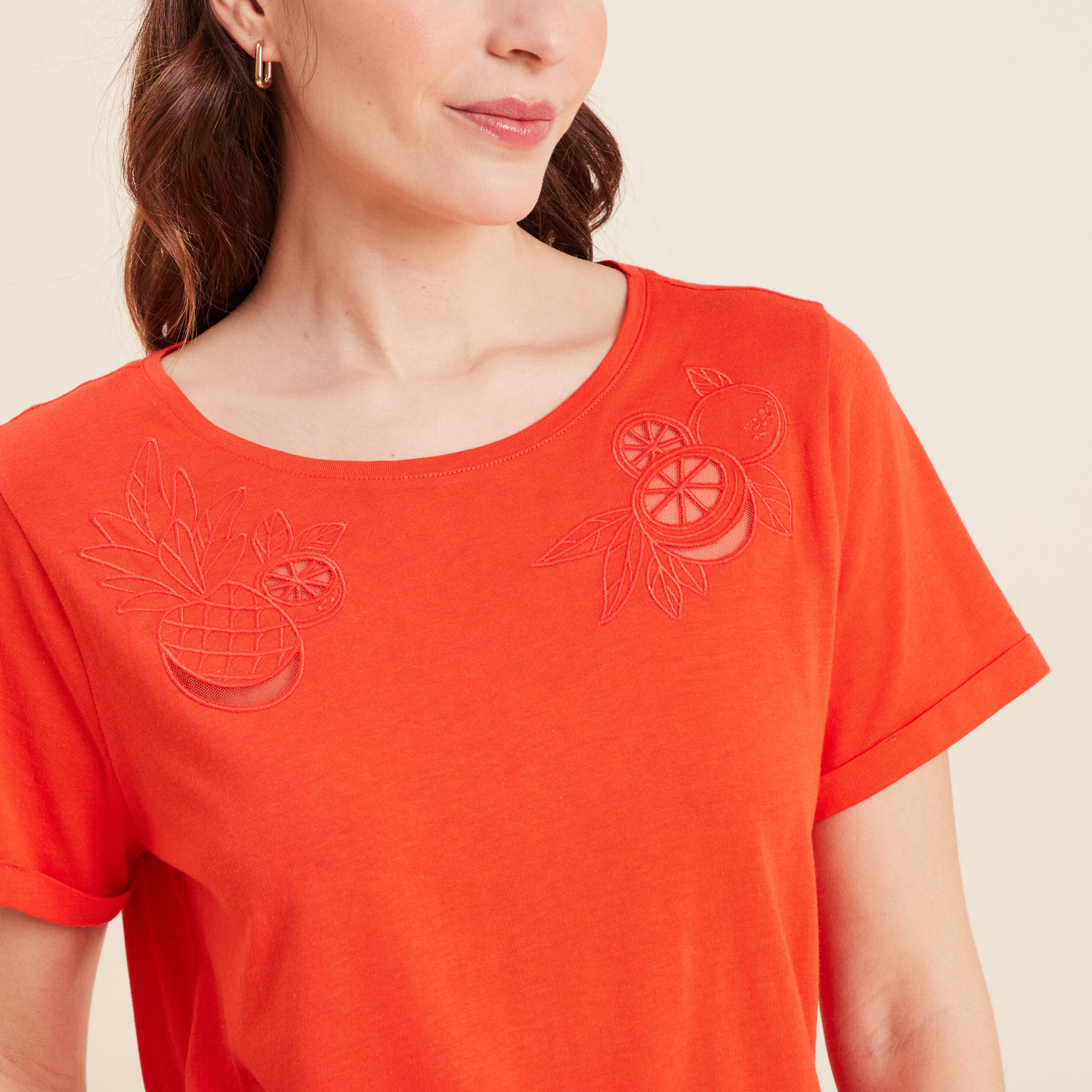 T-shirt manches courtes brodé orange foncé femme