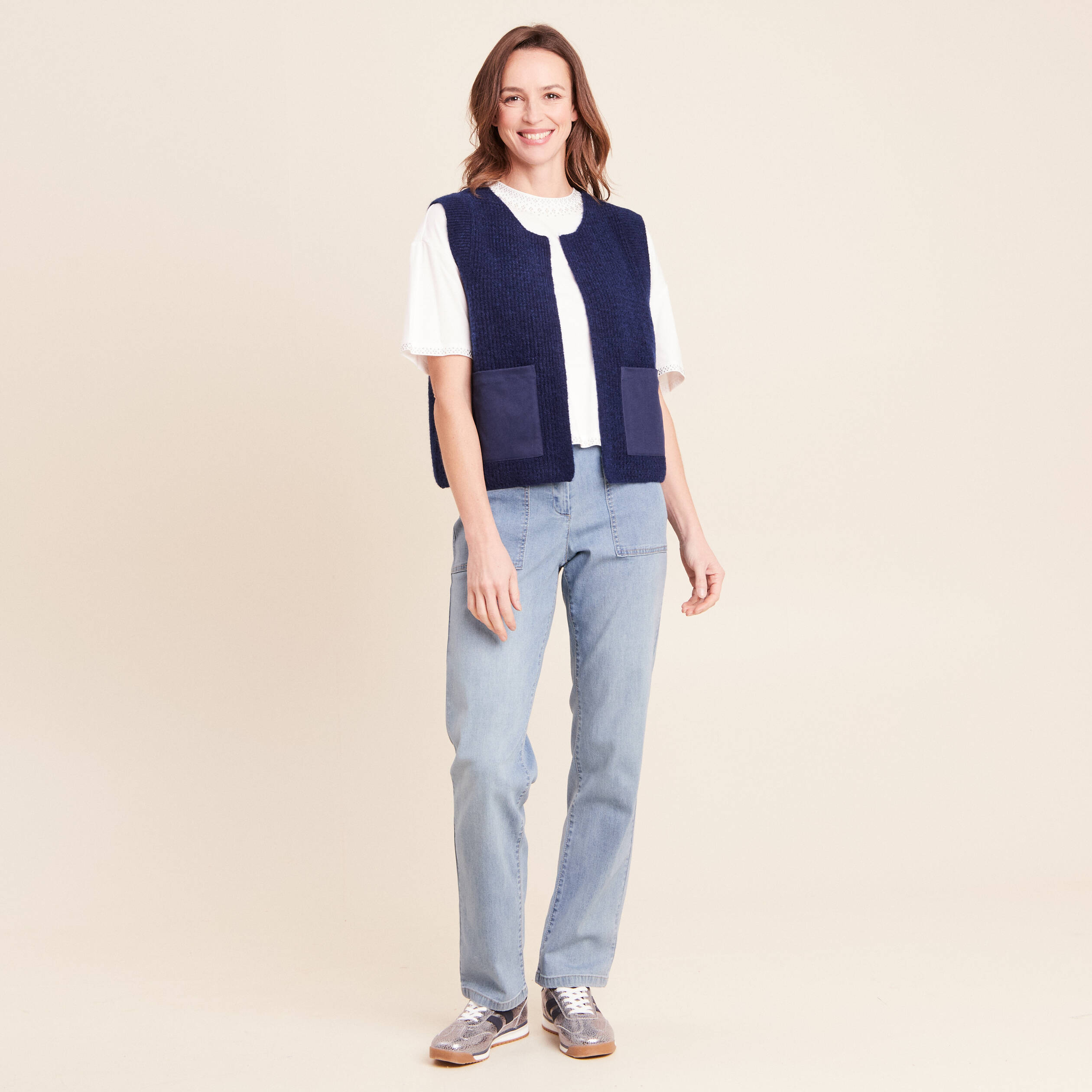 T-shirt coupe droite manches coudes ecru femme