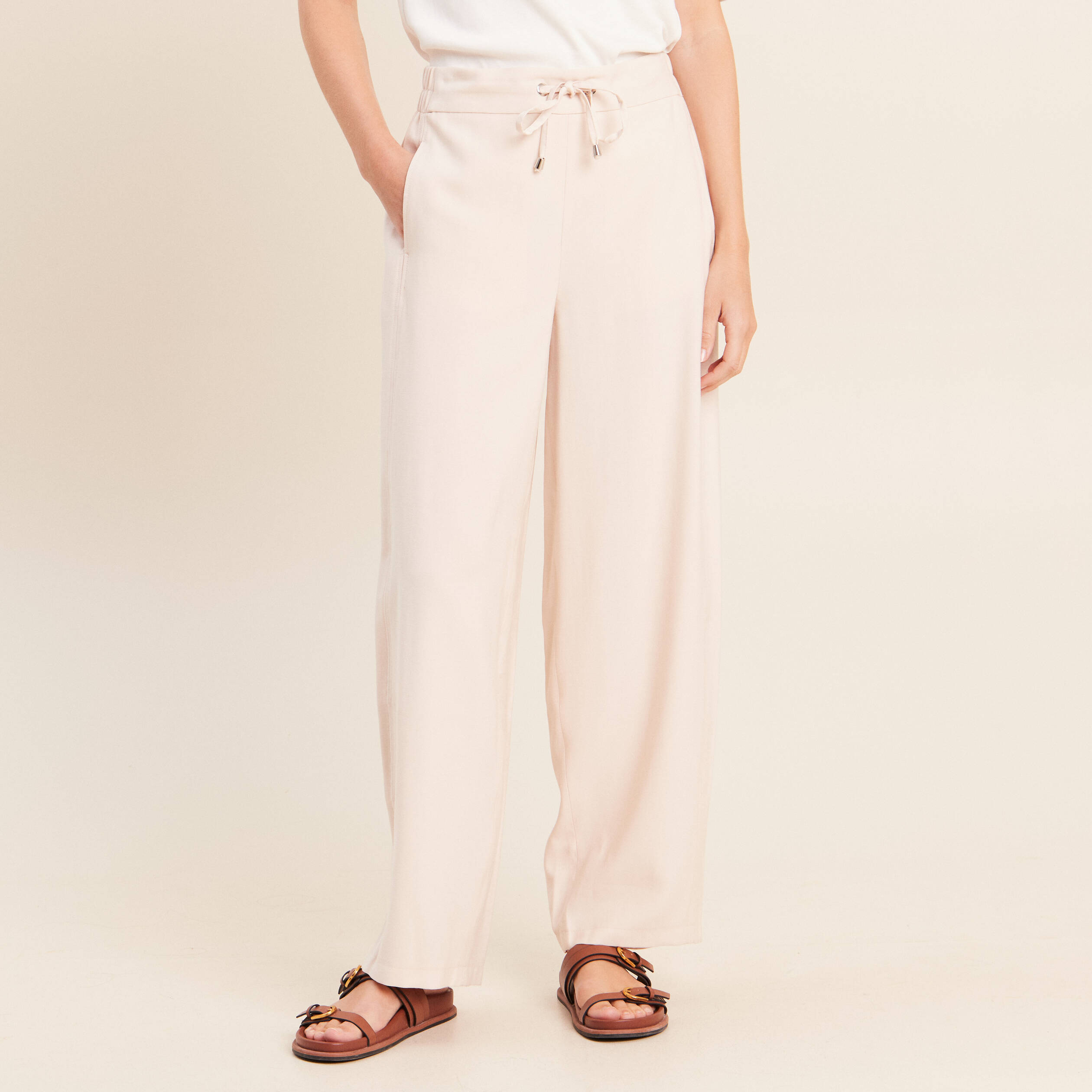Pantalon large taille haute creme femme
