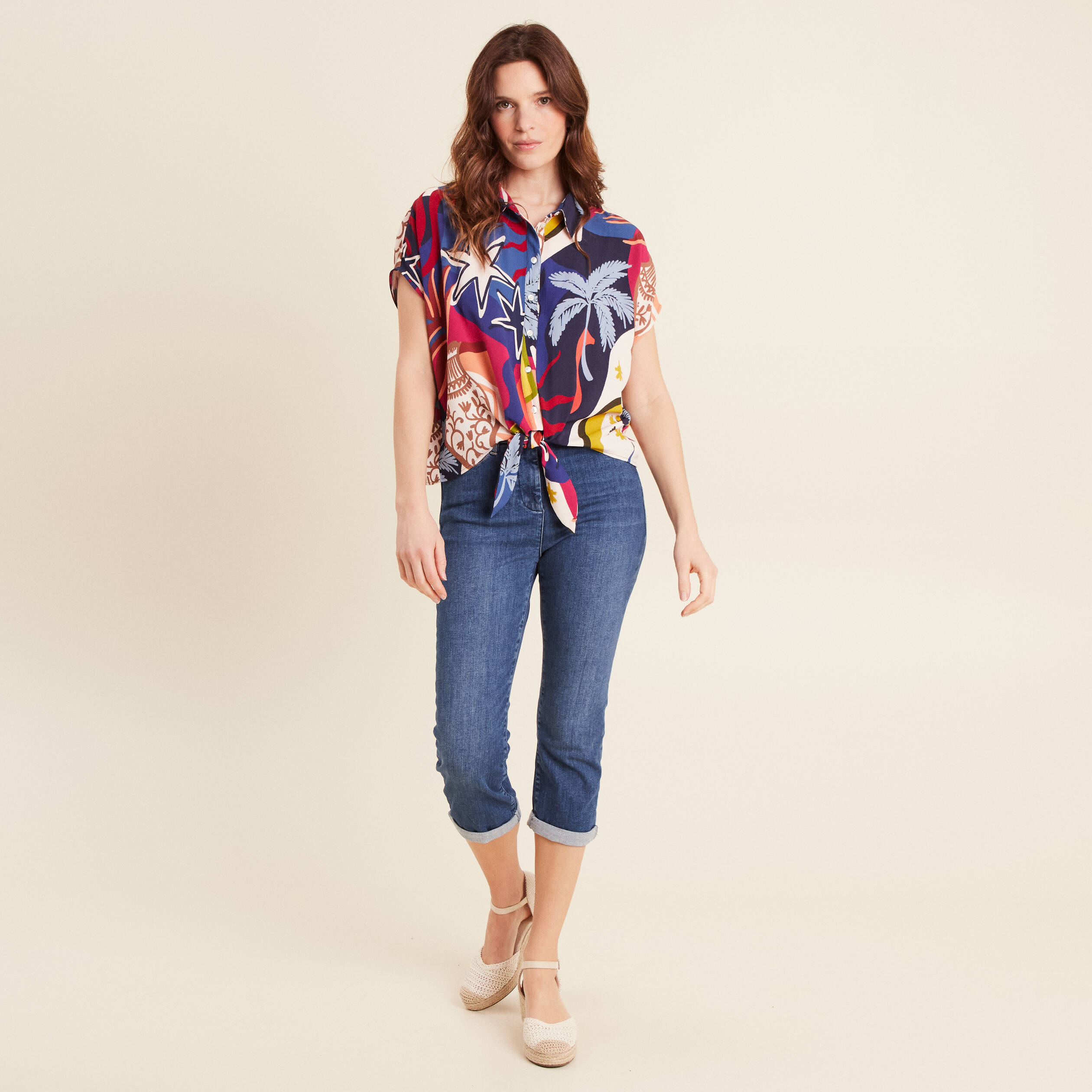 Chemise manches courtes nouée bleu femme