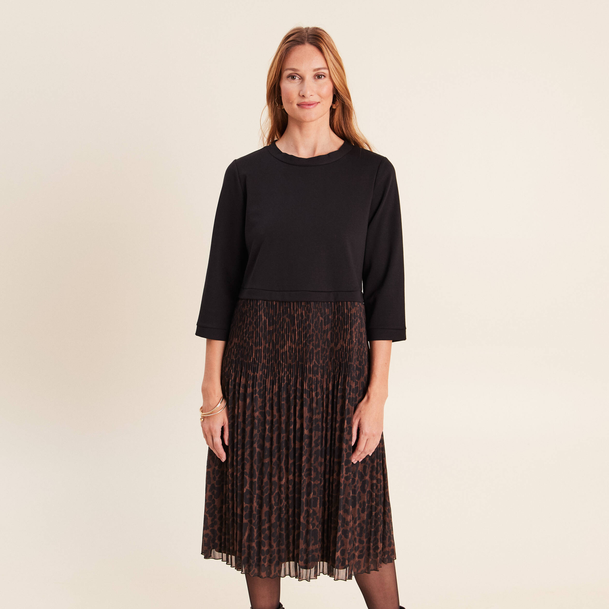 Robe bi-mati&egrave;re &eacute;vas&eacute;e col rond marron femme