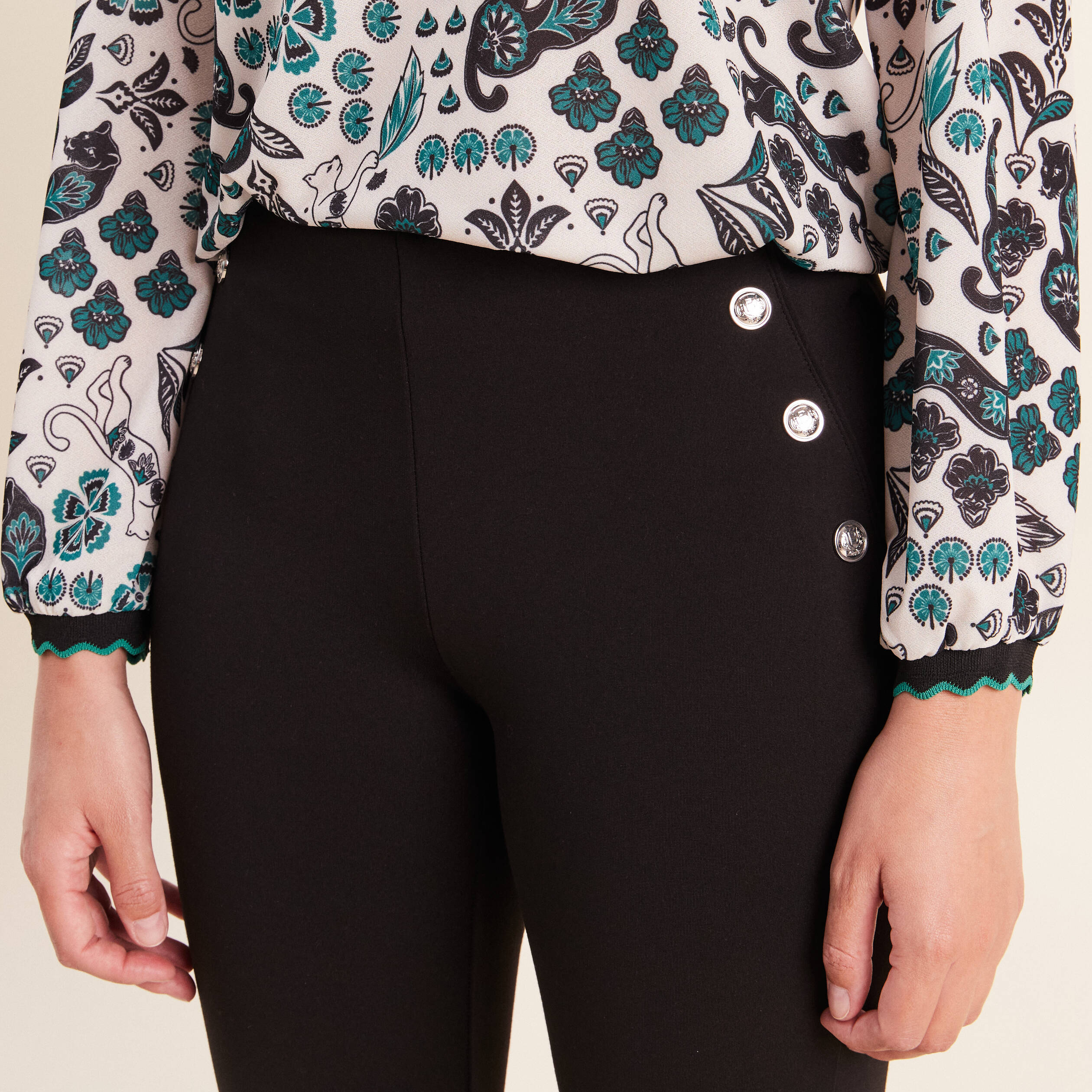 Legging 7/8&egrave;me taille bascul&eacute;e en maille noir femme