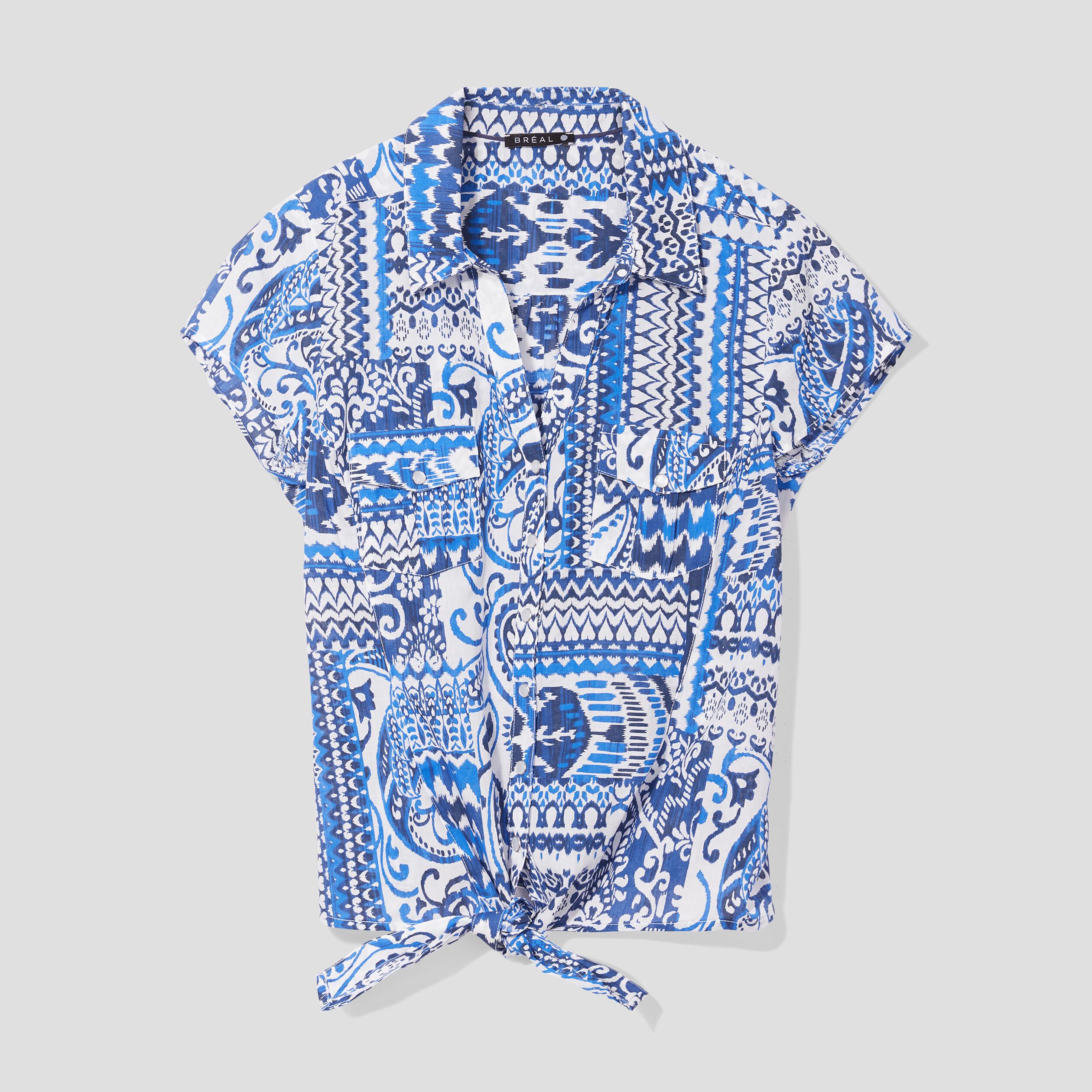 Chemise manches courtes nouée bleu femme