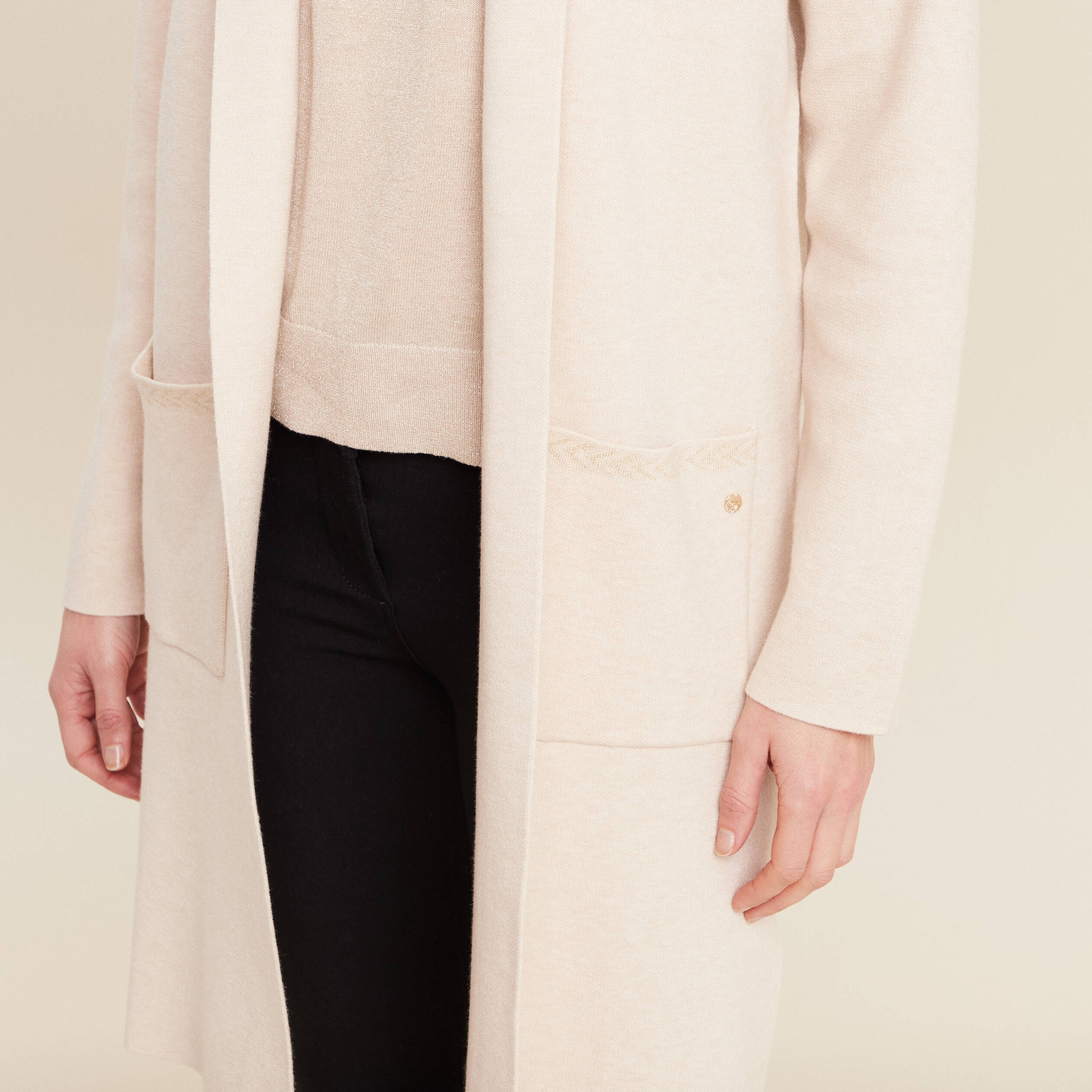 Gilet long manches longues creme femme
