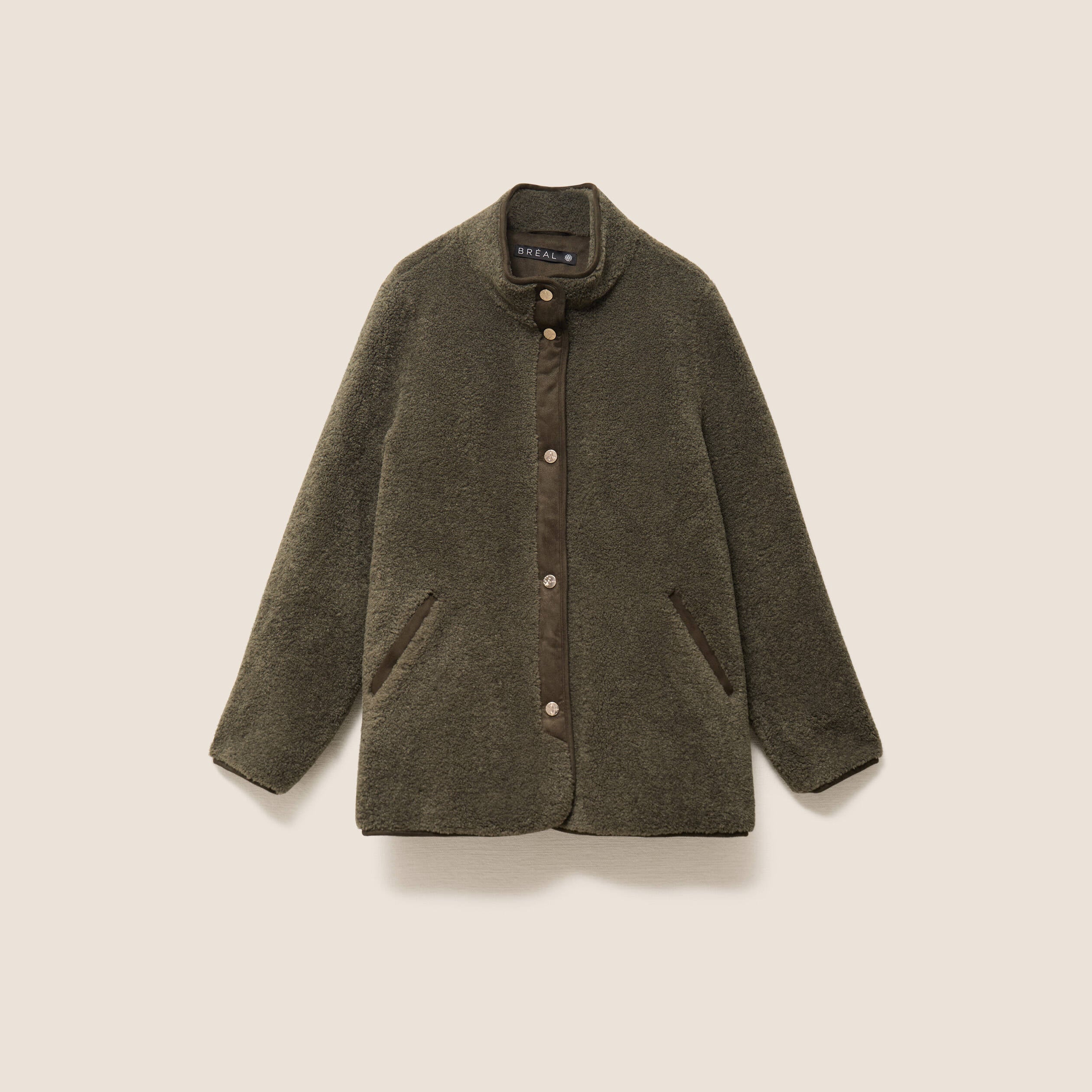 Manteau bouclette doubl&eacute; manches longues vert kaki femme