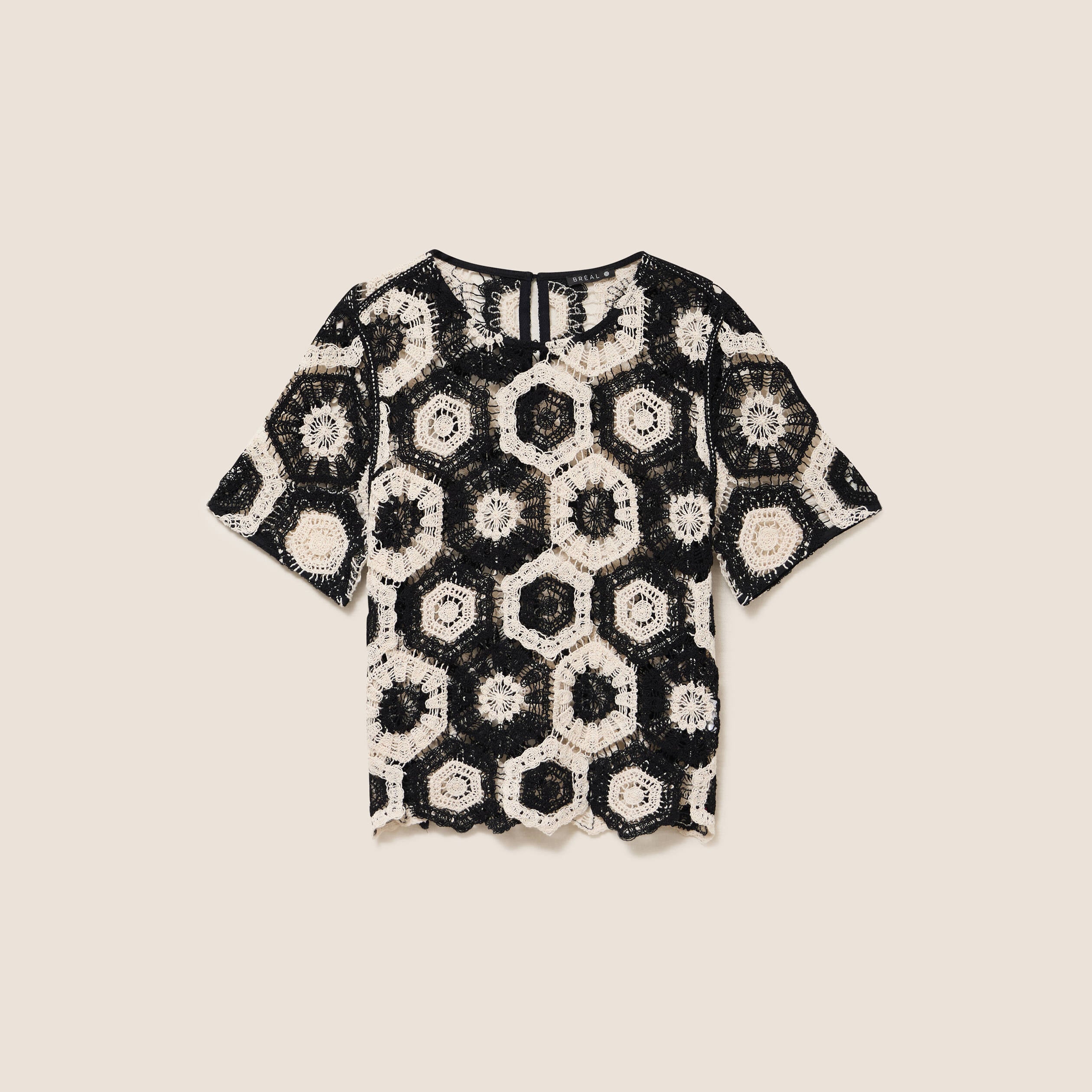 Blouse col rond manches courtes dentelle ecru femme