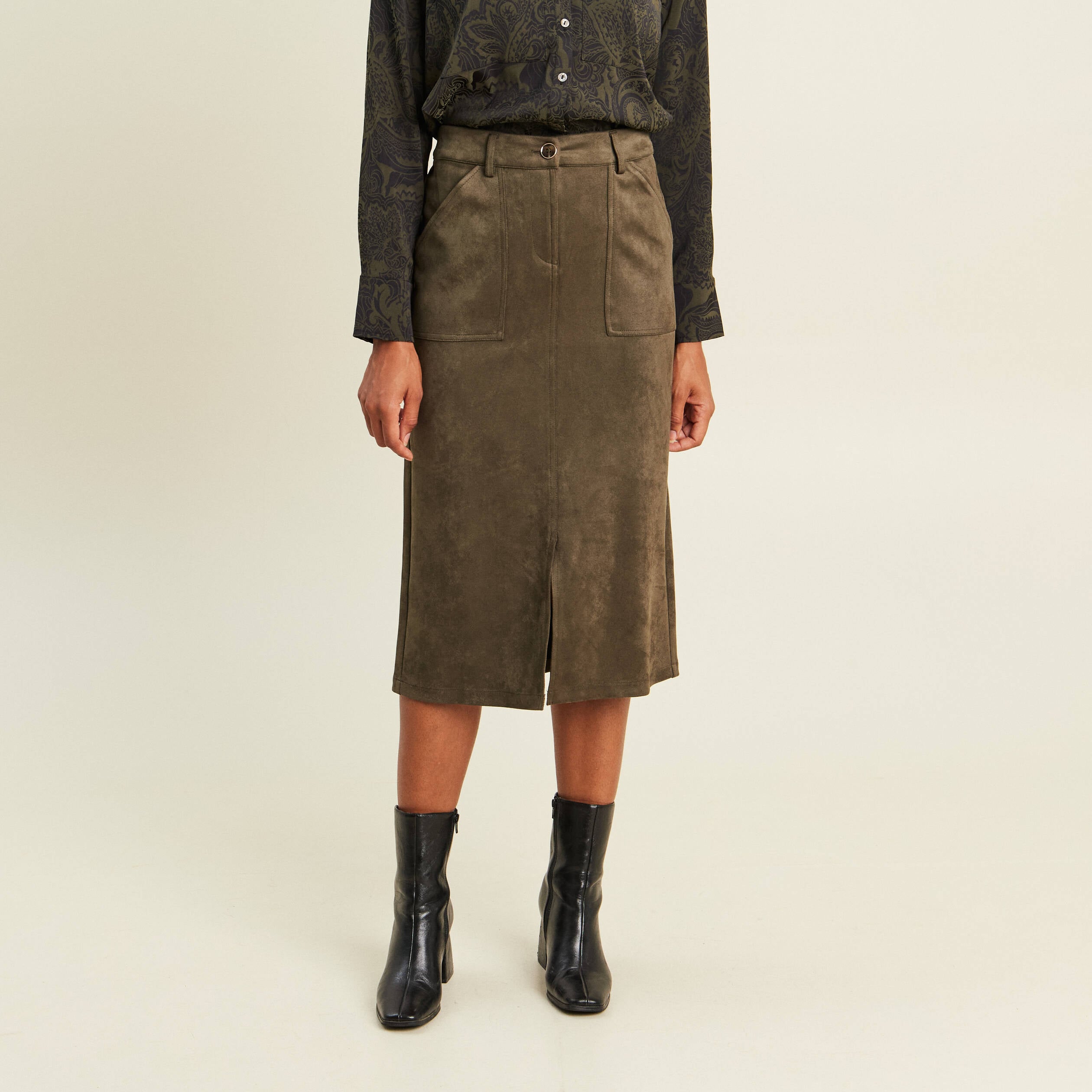 Jupe longue droite su&eacute;dine vert kaki femme