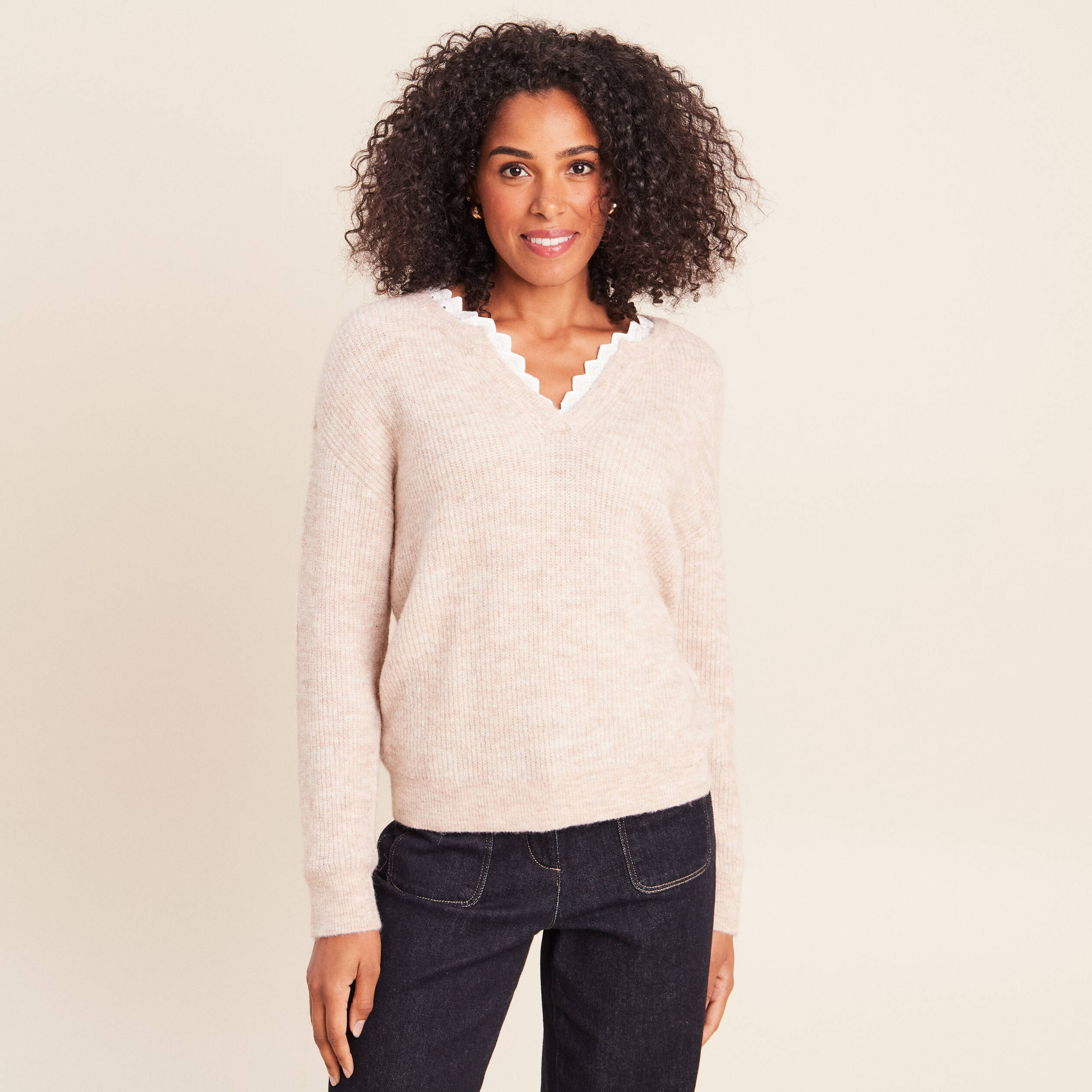 Pull col v beige femme