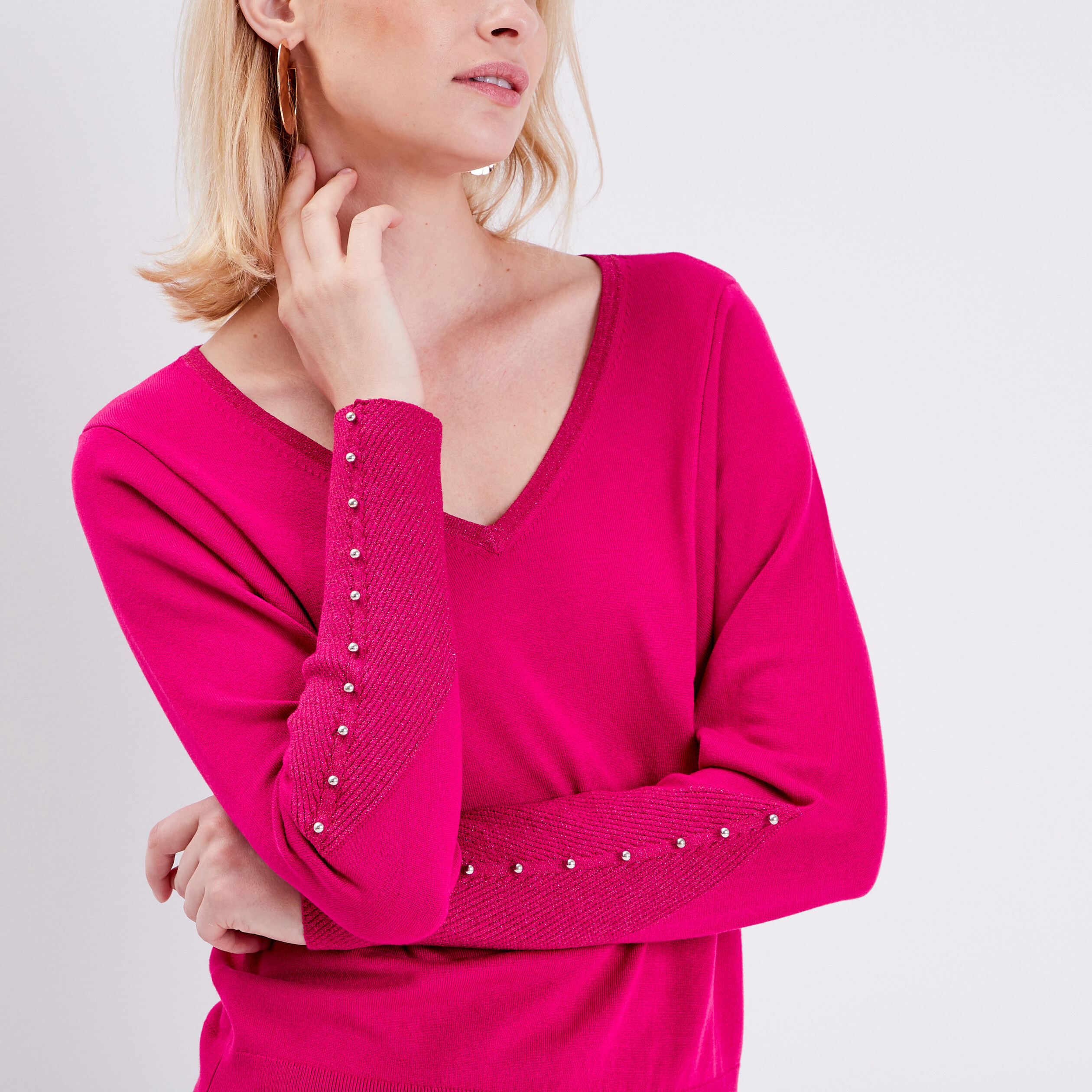 Pull manches longues rose framboise femme