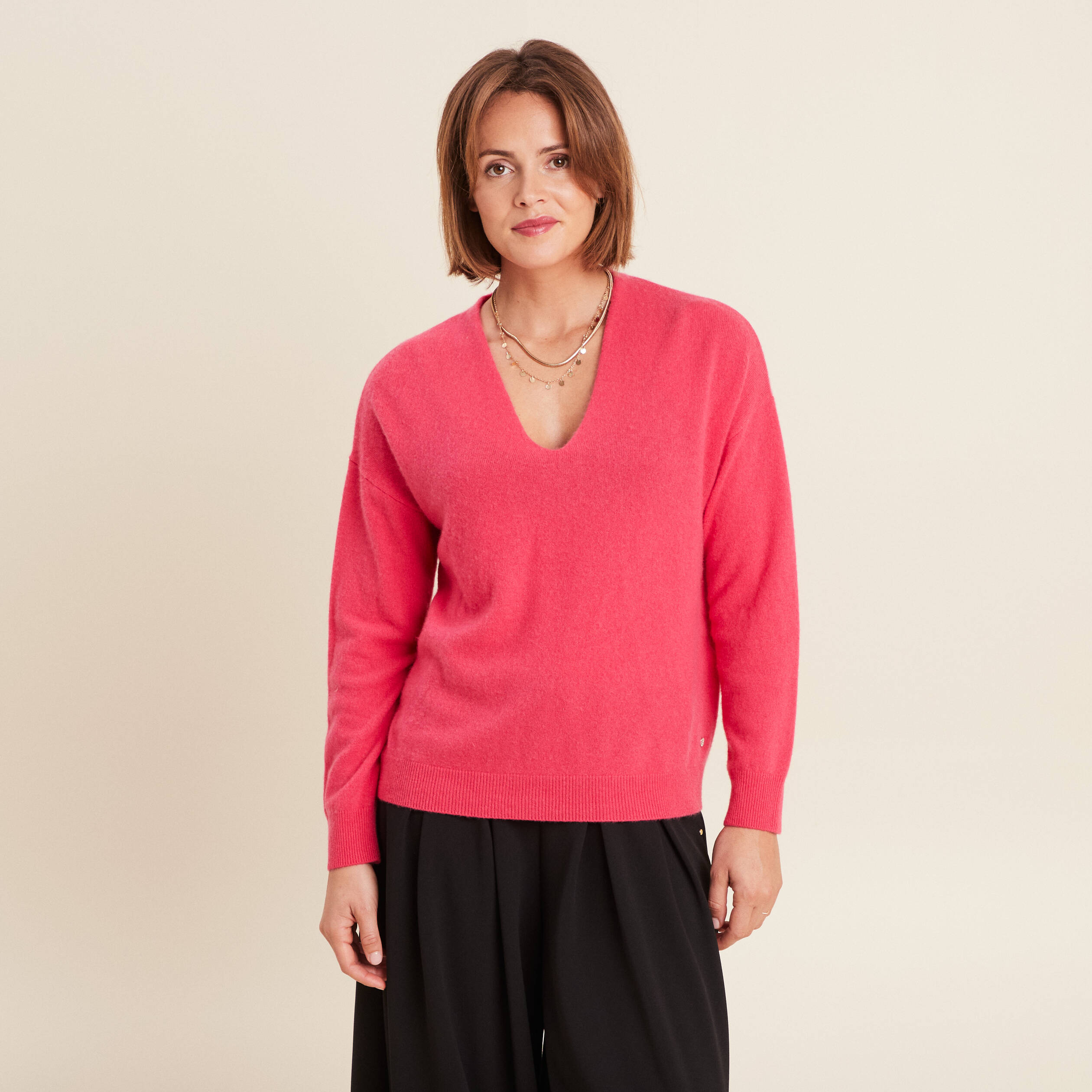 Pull en cachemire manches longues rose framboise femme