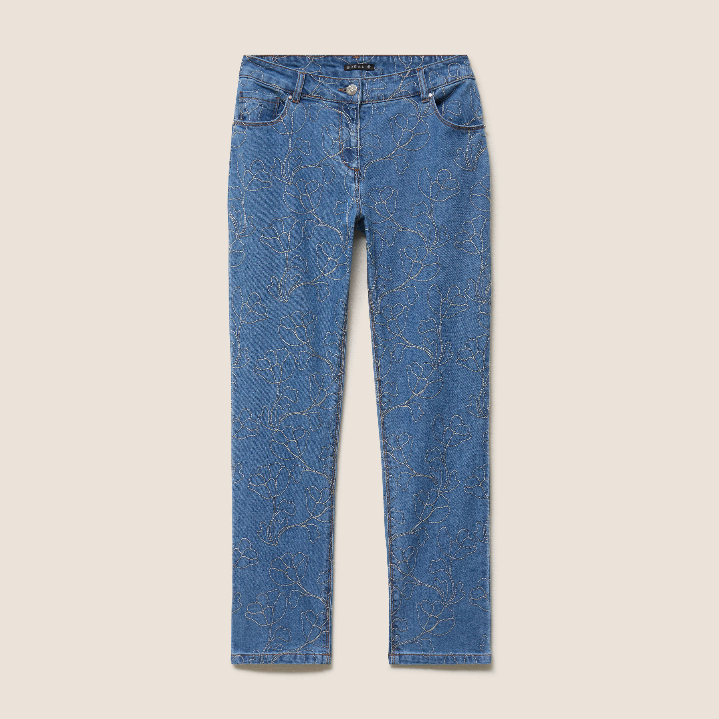 Jean coupe droite 7/8&egrave;me taille bascul&eacute;e denim double stone femme