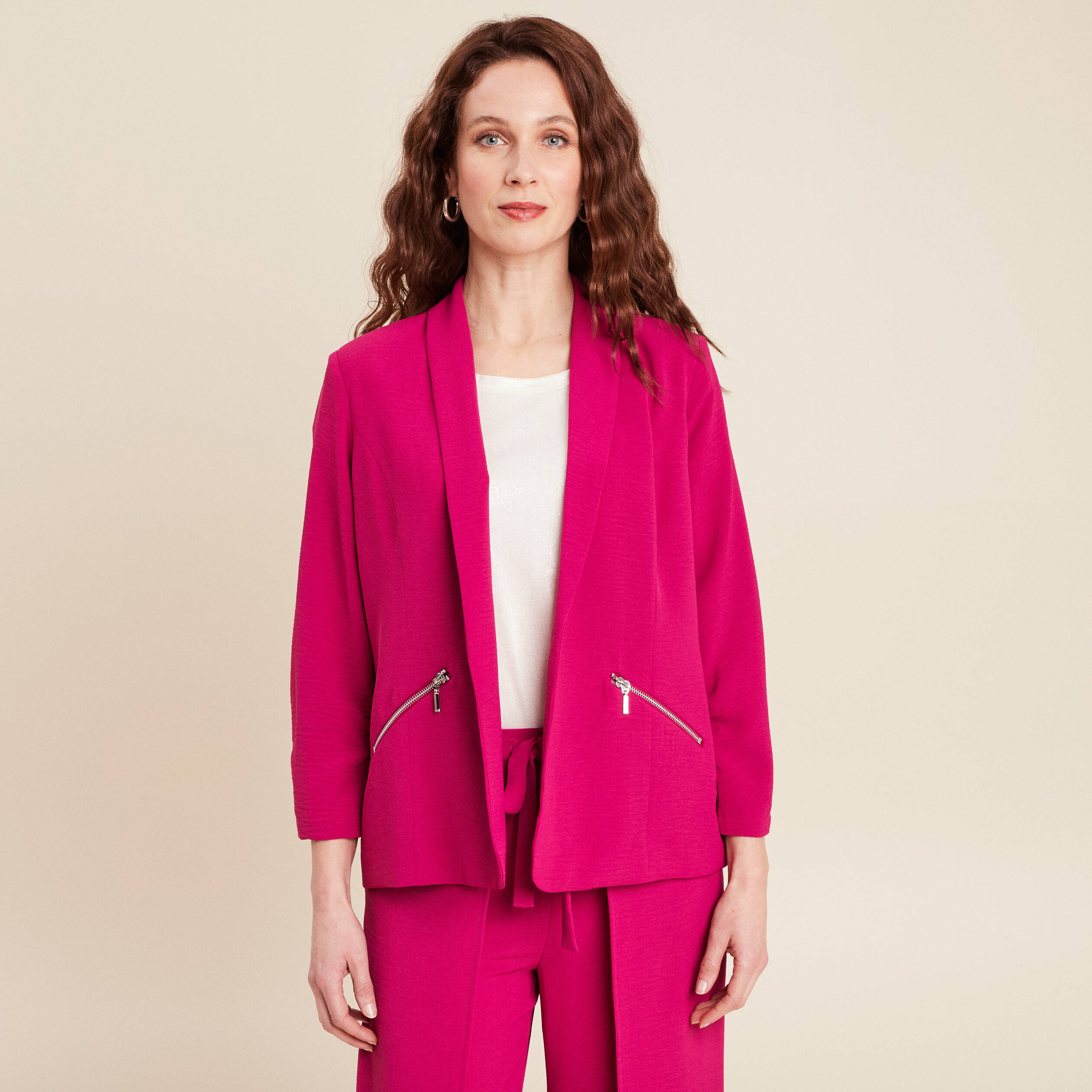 Veste fluide col châle rose fushia femme