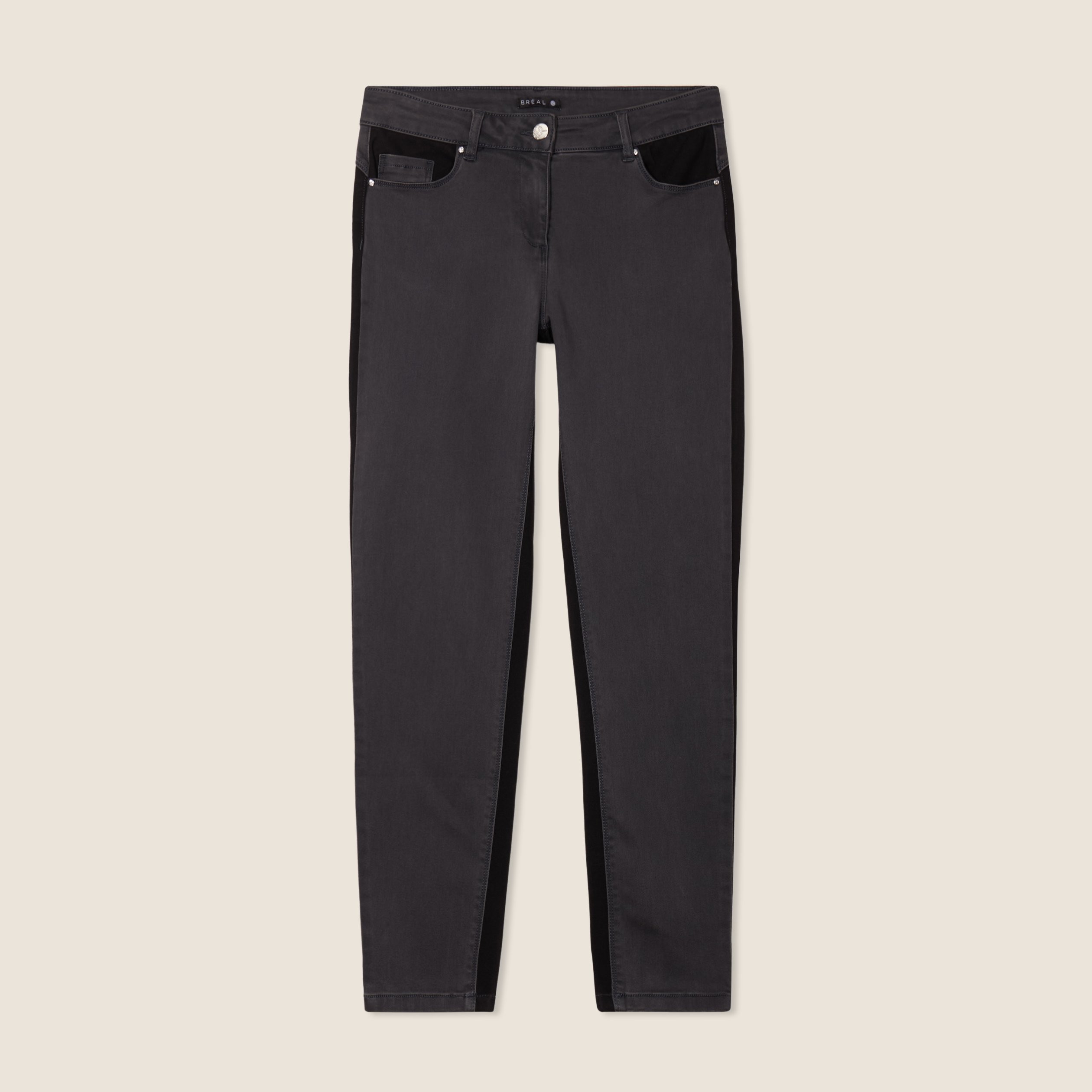 Jean ajusté 7/8ème effet bi-matière denim gris femme
