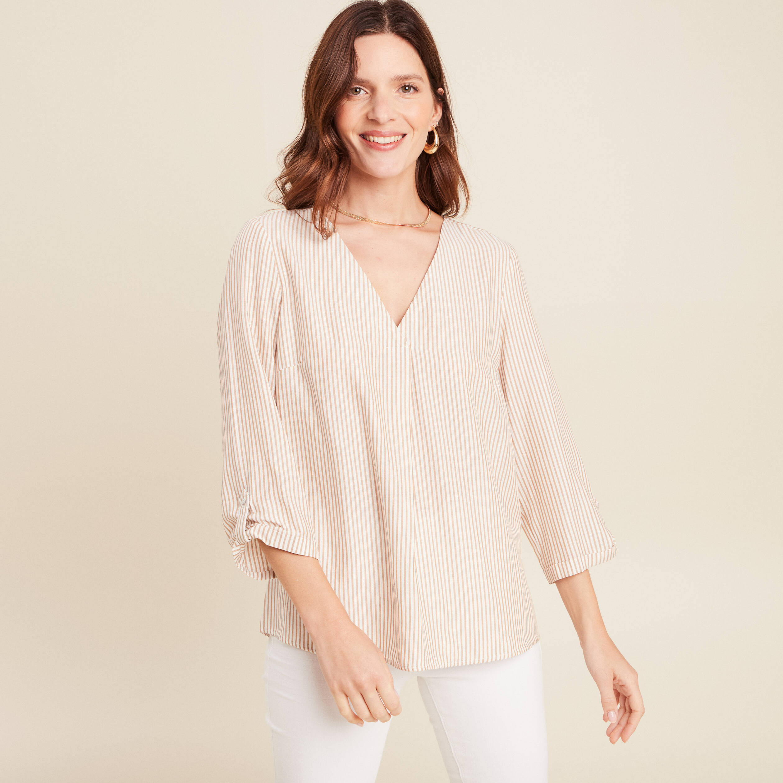 blouse fluide manches 3/4 marron femme