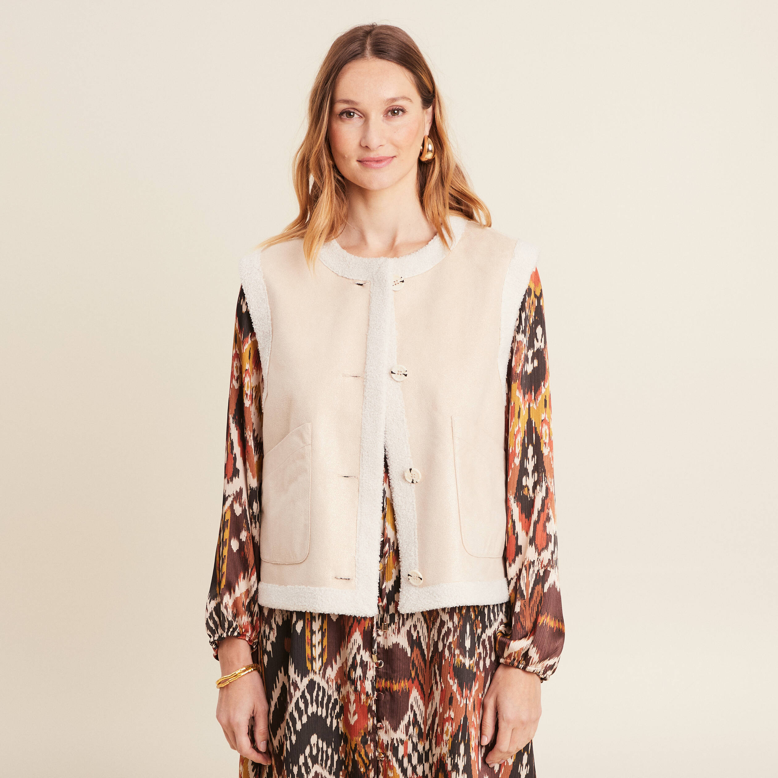 gilet reversible laine mouton beige femme Gilet réversible laine mouton beige femme