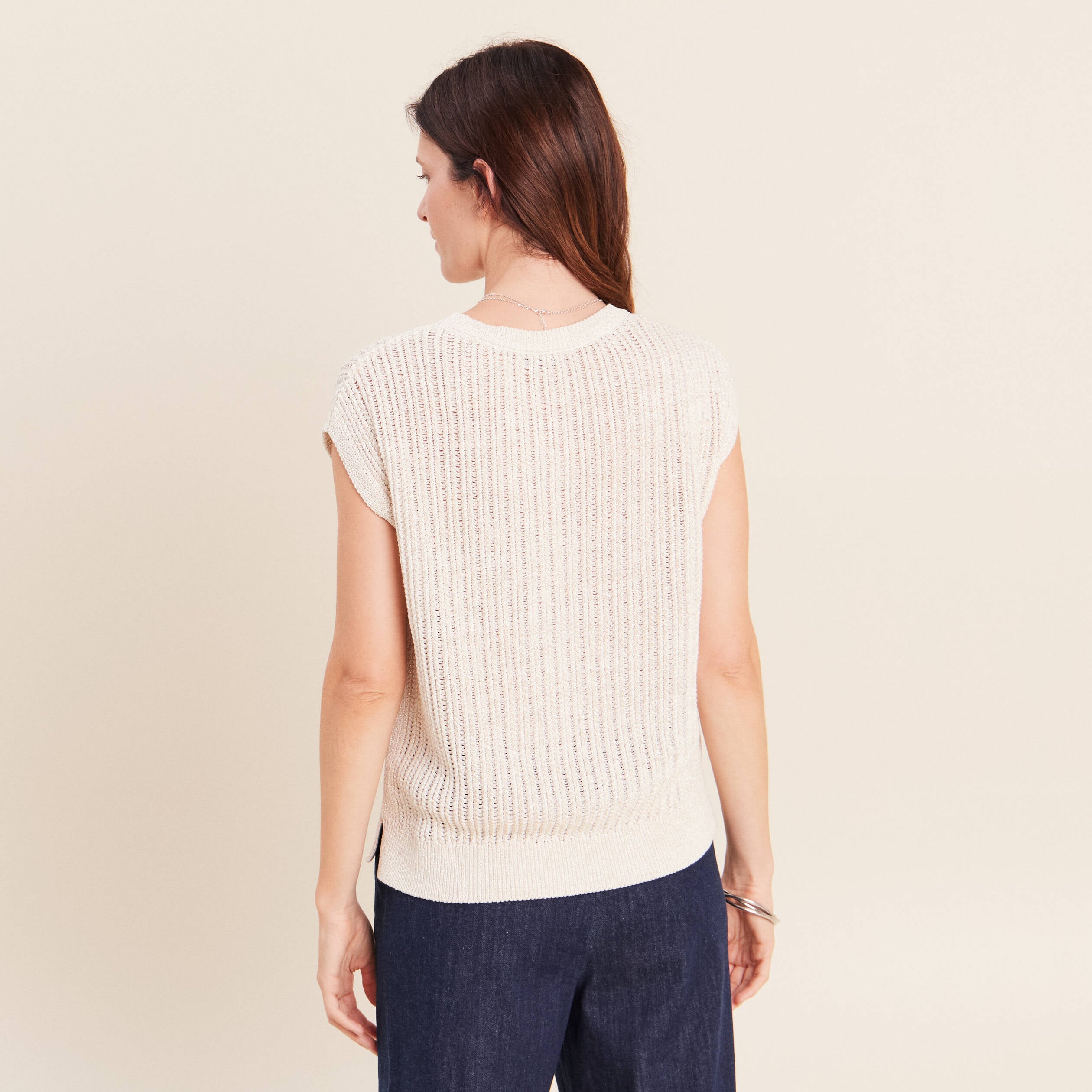 Pull ajour&eacute; col rond ecru femme