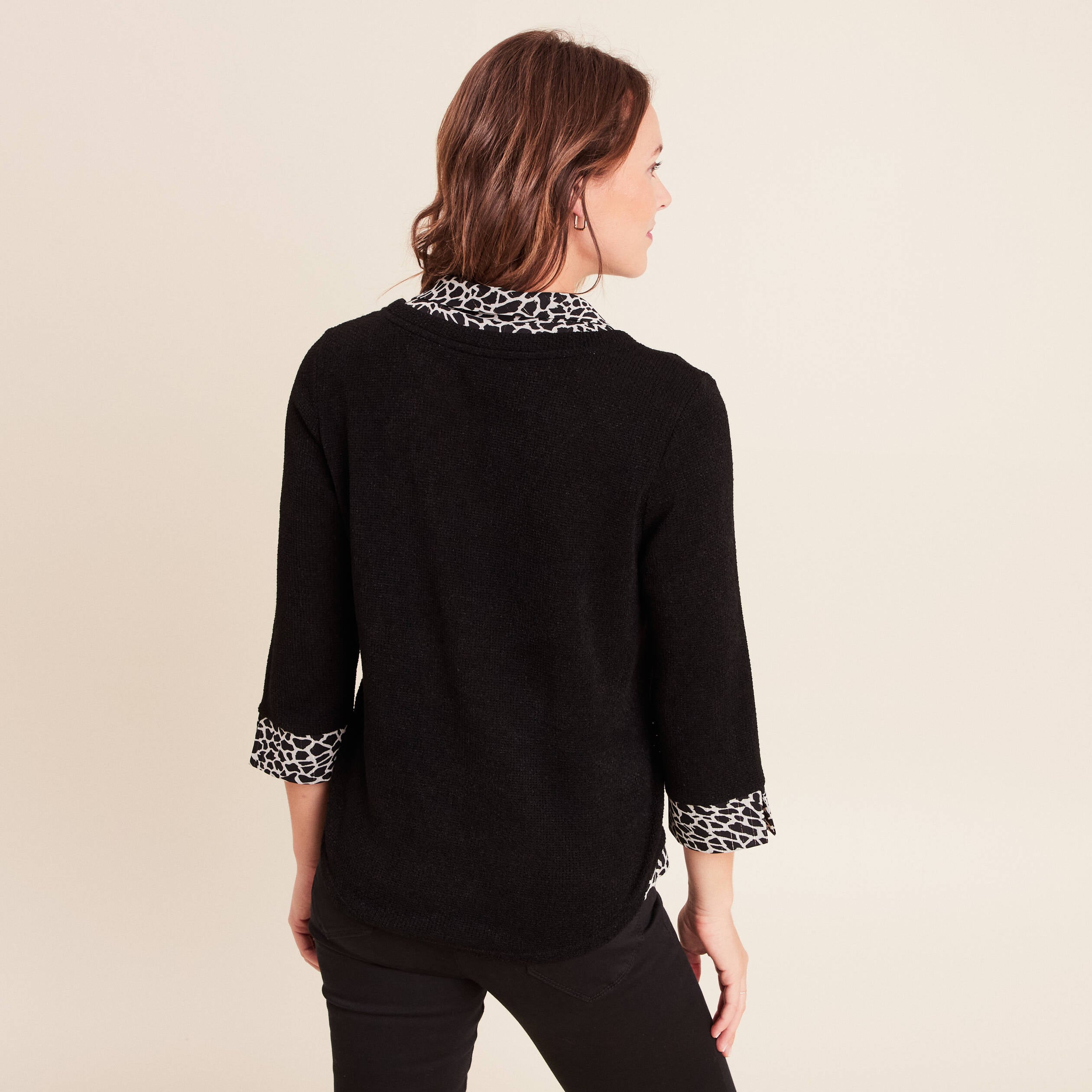 T-shirt col chemise manches 3/4 noir femme