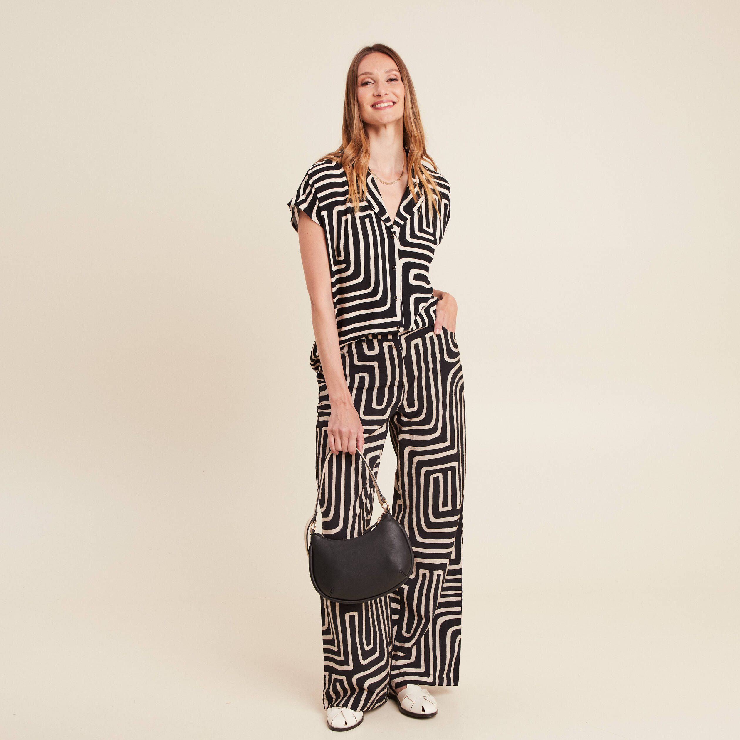 Pantalon flou taille haute noir femme