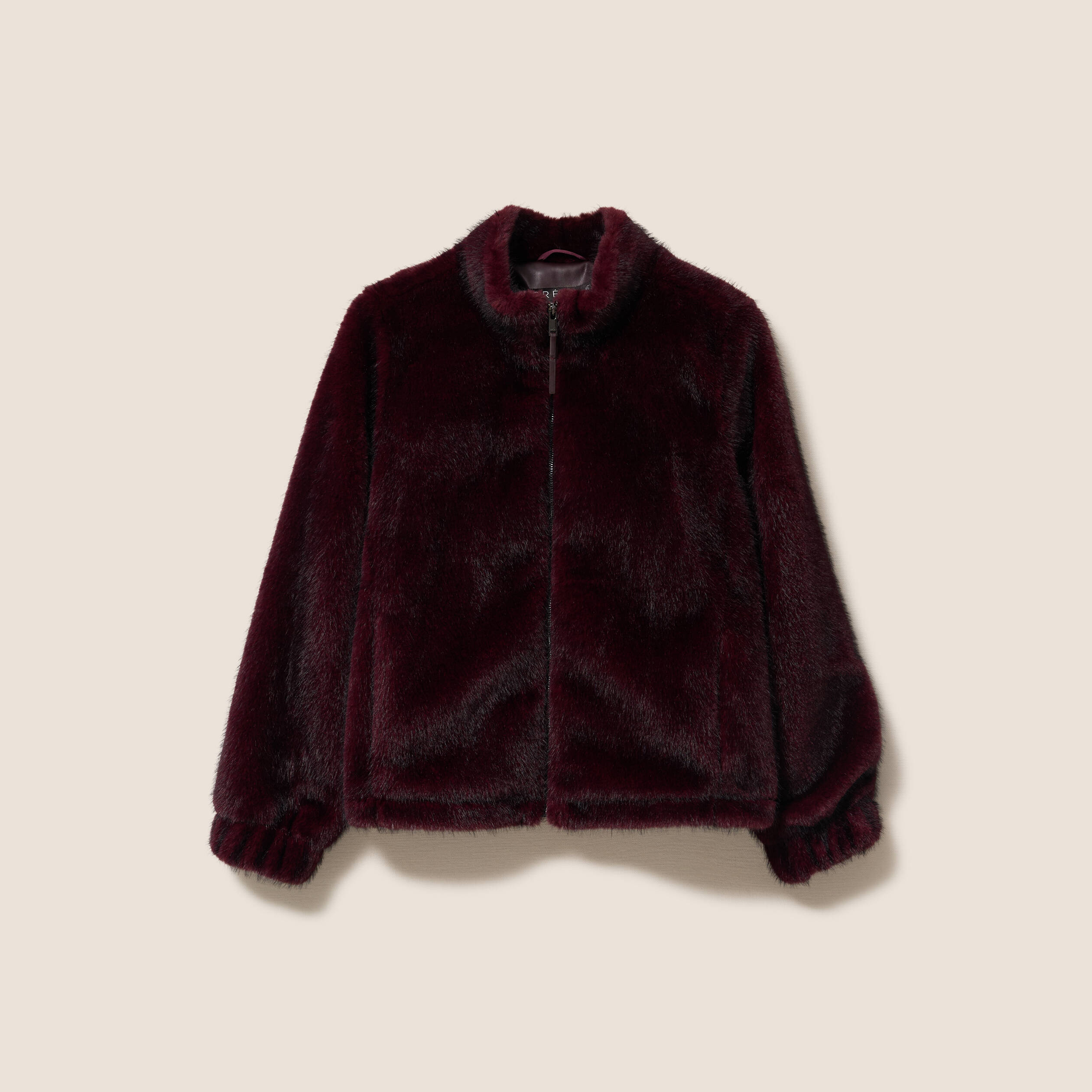Manteau en fausse fourrure col montant bordeaux femme
