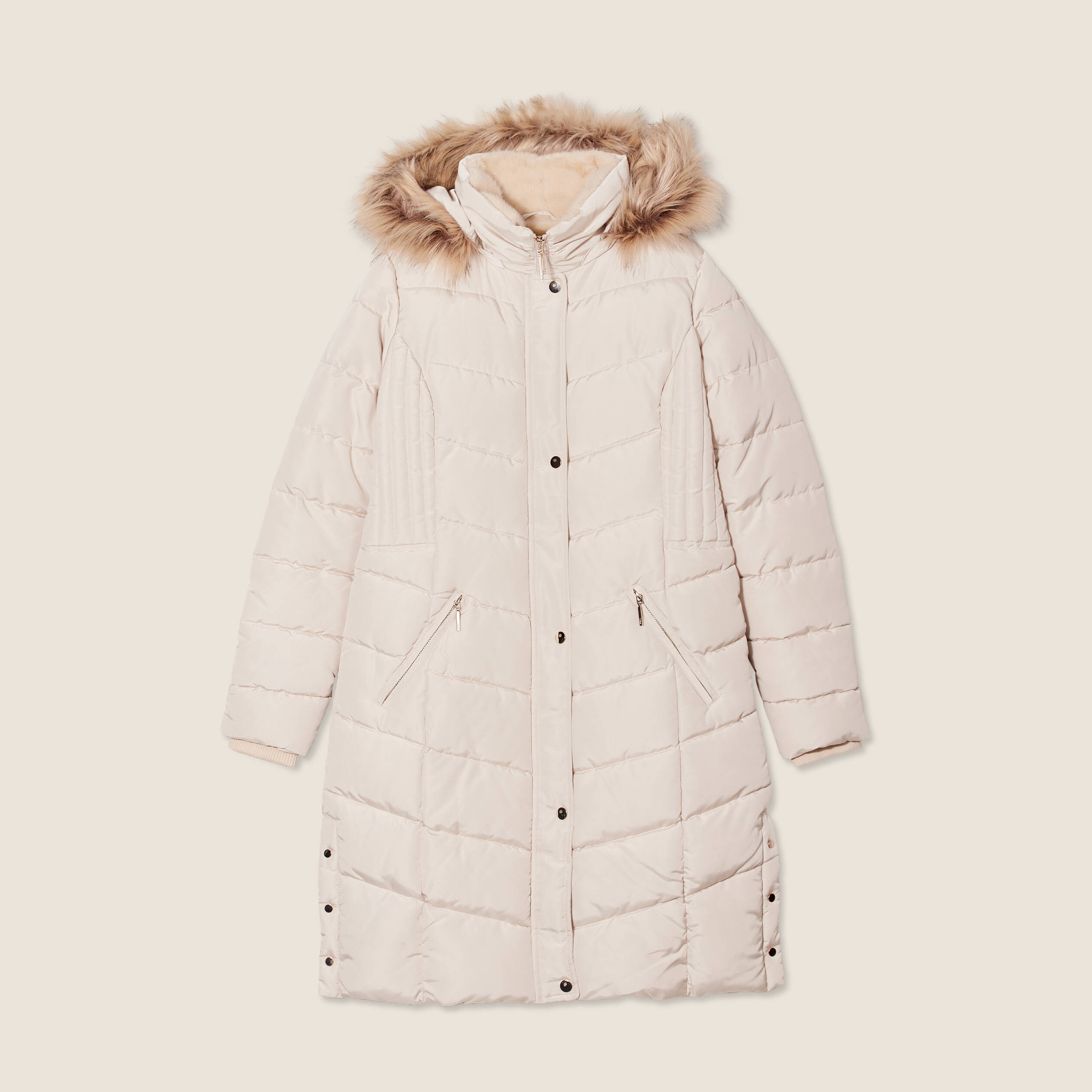 doudoune deperlante longue a capuche beige femme Doudoune déperlante longue à capuche beige femme