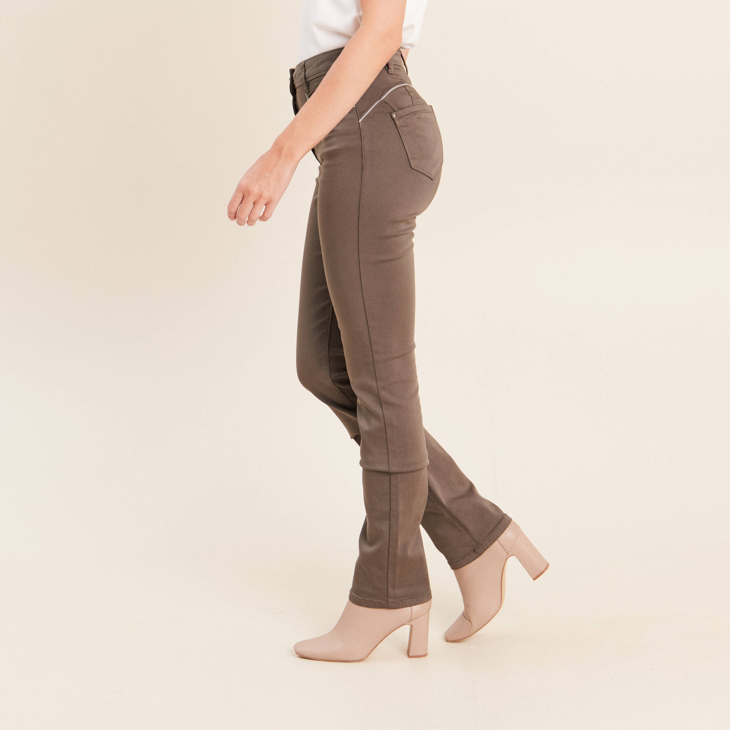 Pantalon droit taille haute vert kaki femme