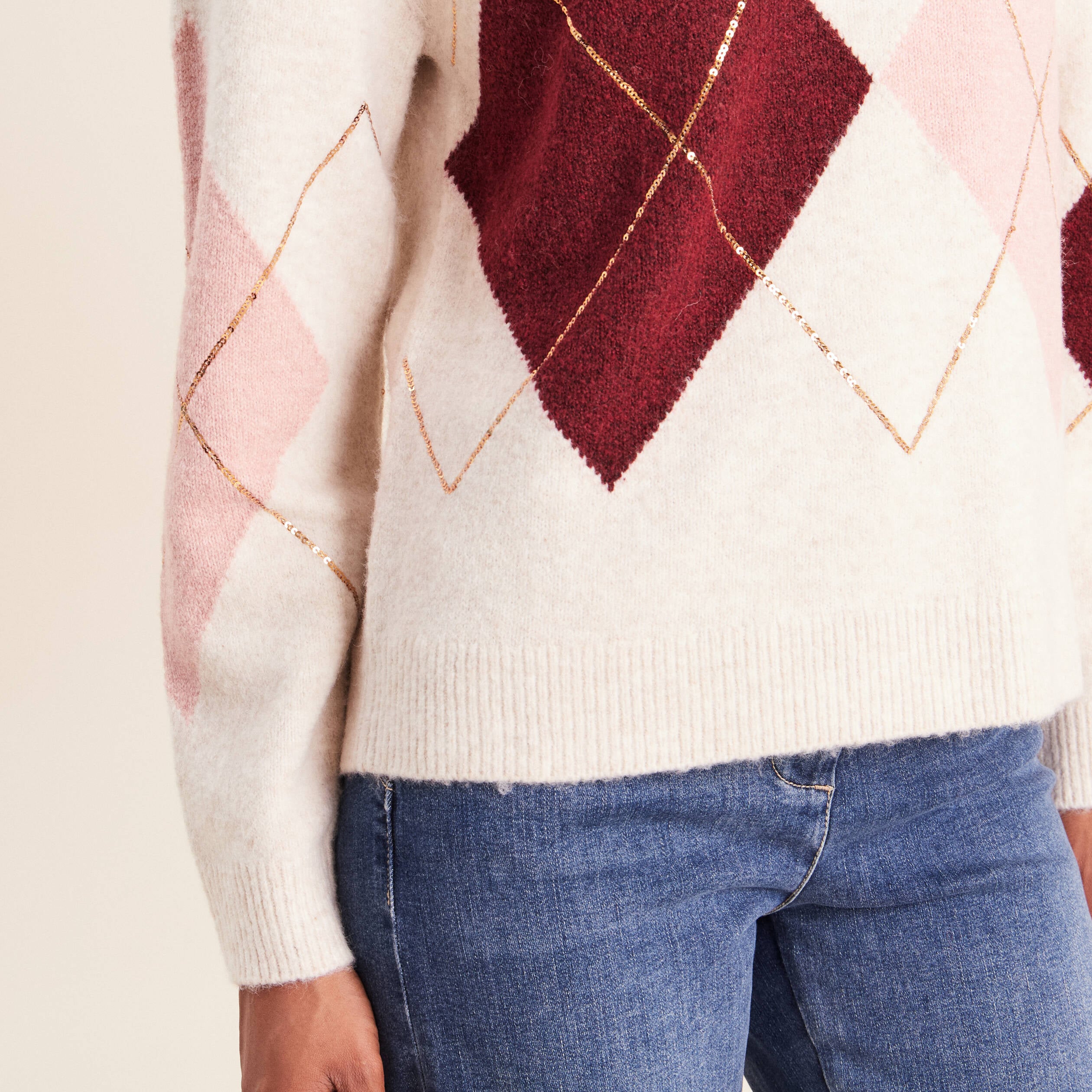 Pull col rond avec strass beige femme