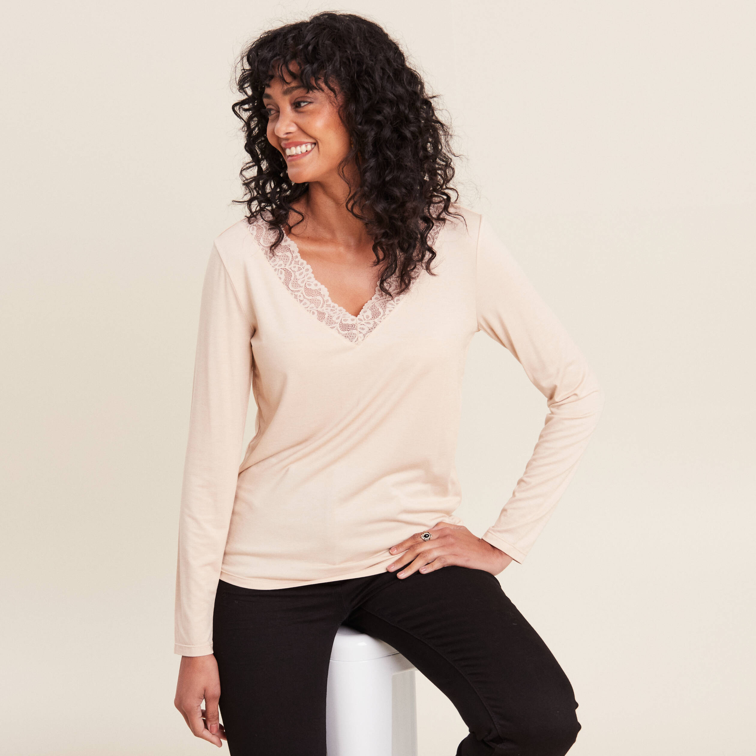 T-shirt thermo-douceur manches longues beige femme