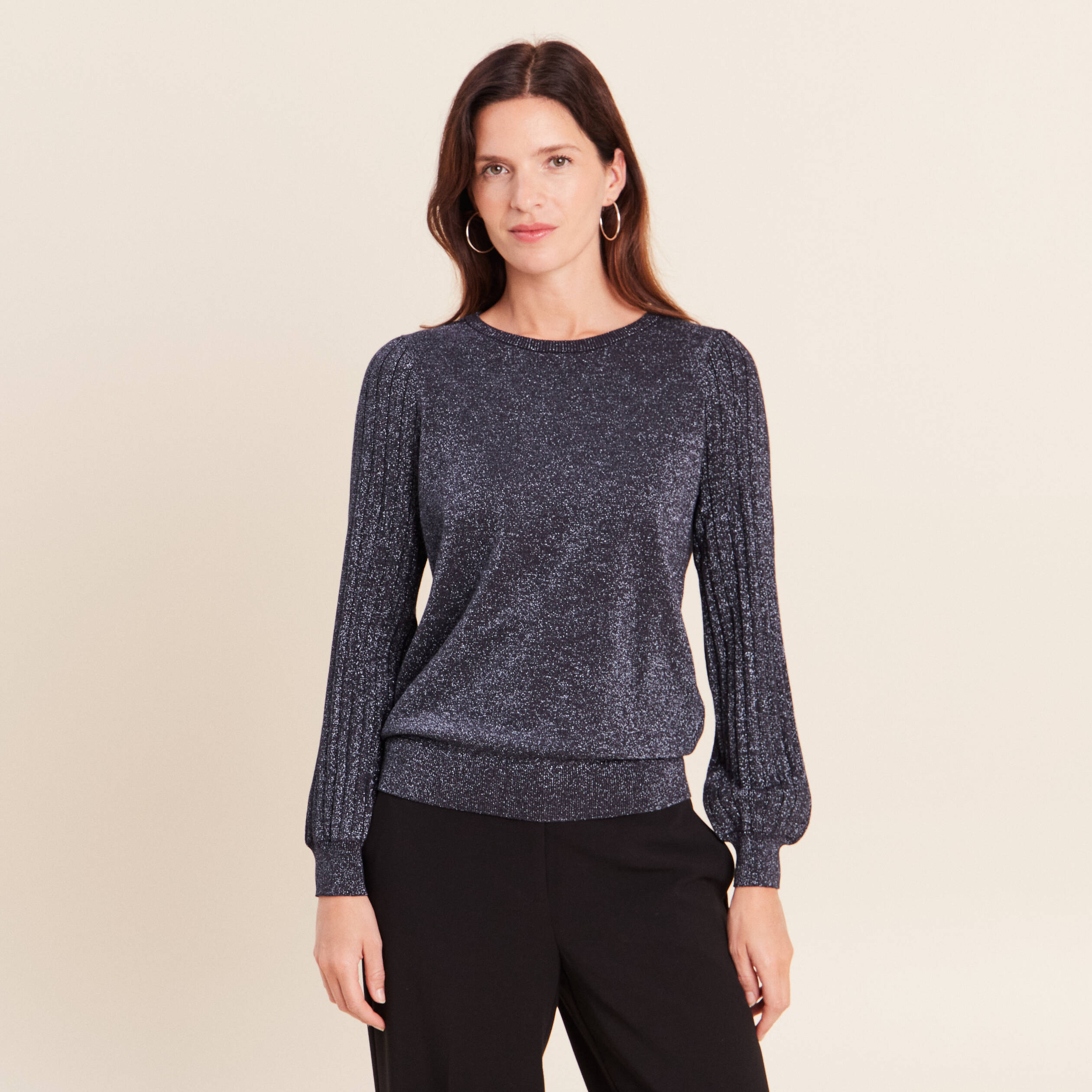 Pull cintr&eacute; col rond manches longues bleu fonc&eacute; femme