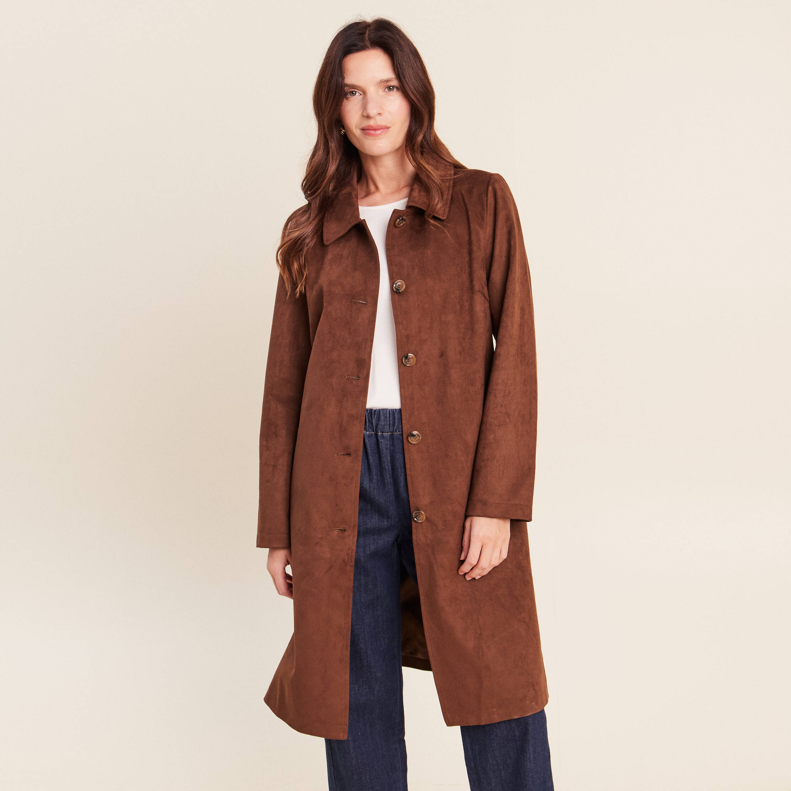 Trench cintr&eacute; long aspect daim marron femme
